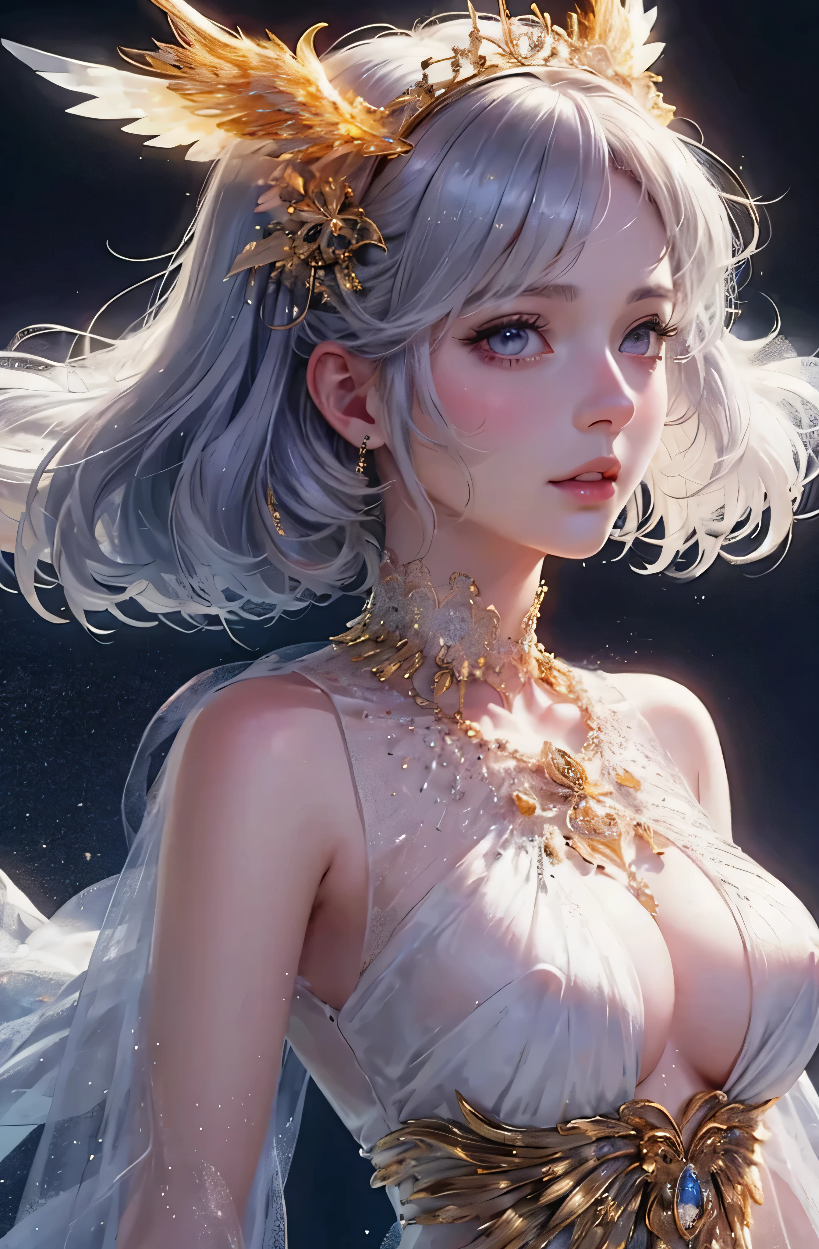 Castle in the distance、The face is front、Looking at the camera、profile、8K、realphoto、超A high resolution, Master Parts, Best Quality, nffsw , cinematic images,Lovely girl、ann、16 only、annグロサクソン、二重まぶた、drooing eyes、Very big eyes、Eyes purple、Dark eye shadow、The lips are very thin、The tip of the nose stretches beautifully............................................、small nostrils,,,,, ighly detailed , Silver hair、Straight short hair、ssmile、 Sweet look 、)、Very clear shadows , jewely , A detailed eye, very intricate, shiny skins , パーフェクトブリリannト, Perfect Lighting, Dramatic shadows、White tiara on head、Gold necklace around the neck、White aristocratic dress with gold embroidery、Glass High Heels、Angel White Wings