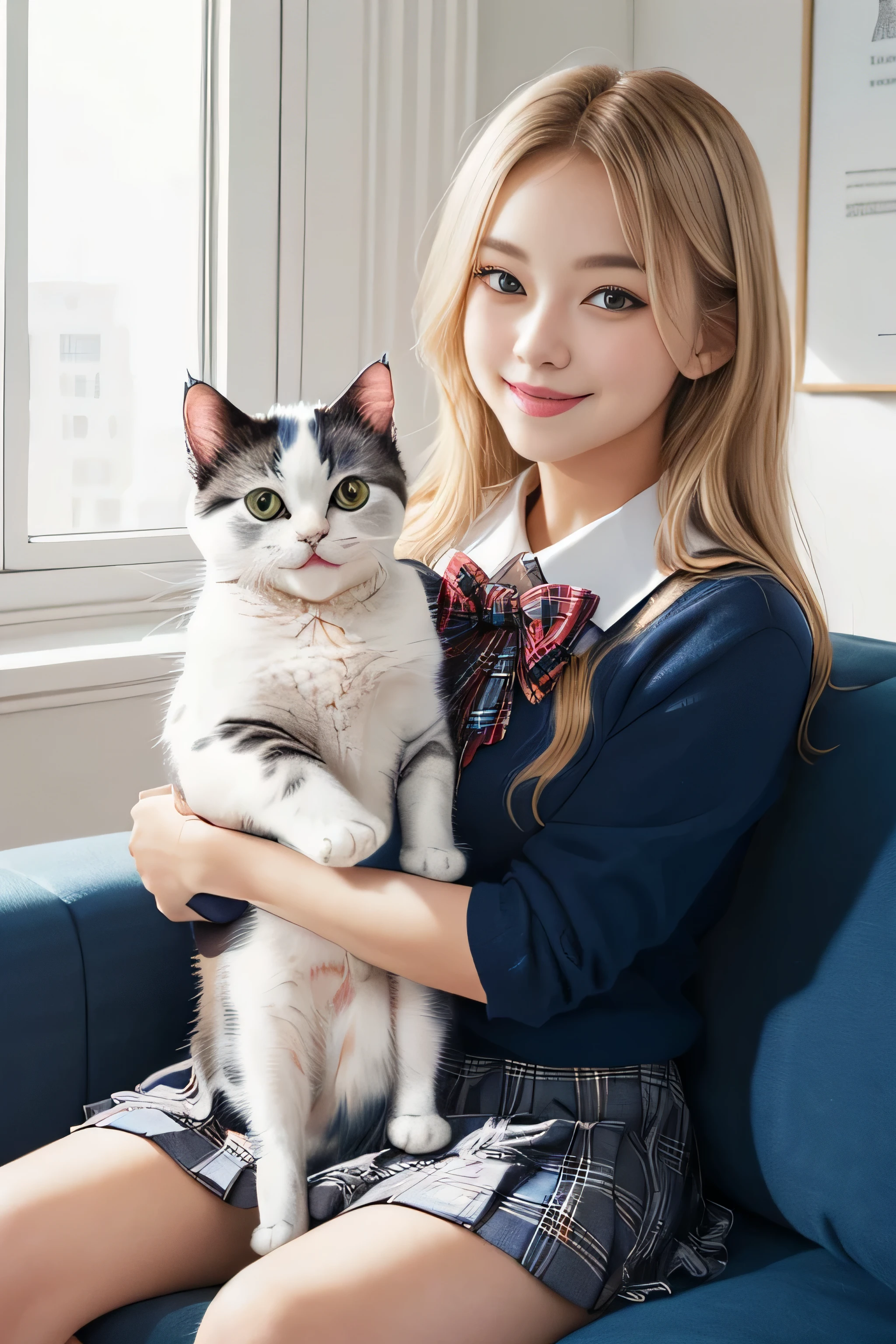 1girl in、European、(beauitful face:1.5)、(Sitting on the sofa at home and holding a cute cat:1.5)、Smiling、(Cute American shorthair with blue eyes)、(White Persian cat)、(high-school uniform)、(Plaid mini skirt)、(Golden hair)