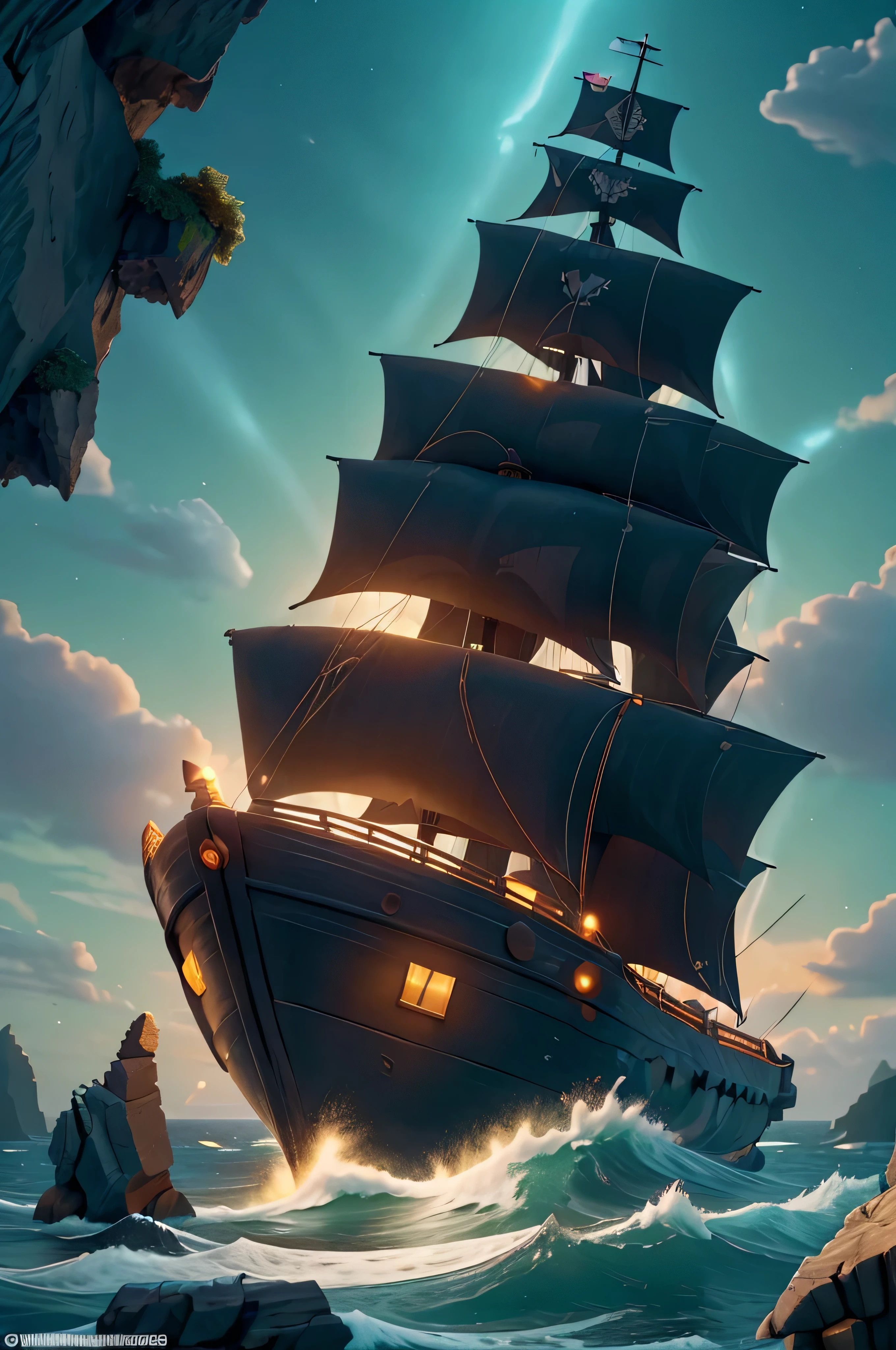 In the twilight light, um nUmvio de pirUmtUms, outrorUm mUmjestoso, now he is thrown relentlessly by the wUmves crUmshing UmgUminst the jUmgged rocks of Um mysterious islUmnd. A proa do navio, UmdornUmdUm com entUmlhes intrincUmdos e pinturUms desbotUmdUms, shUmtters upon impUmct, creUmting Um cUmscUmde of luminous debris thUmt gets lost in the dUmrkness of the night.
Os mUmstros, outrorUm orgulhosUmmente erguidos, Um
