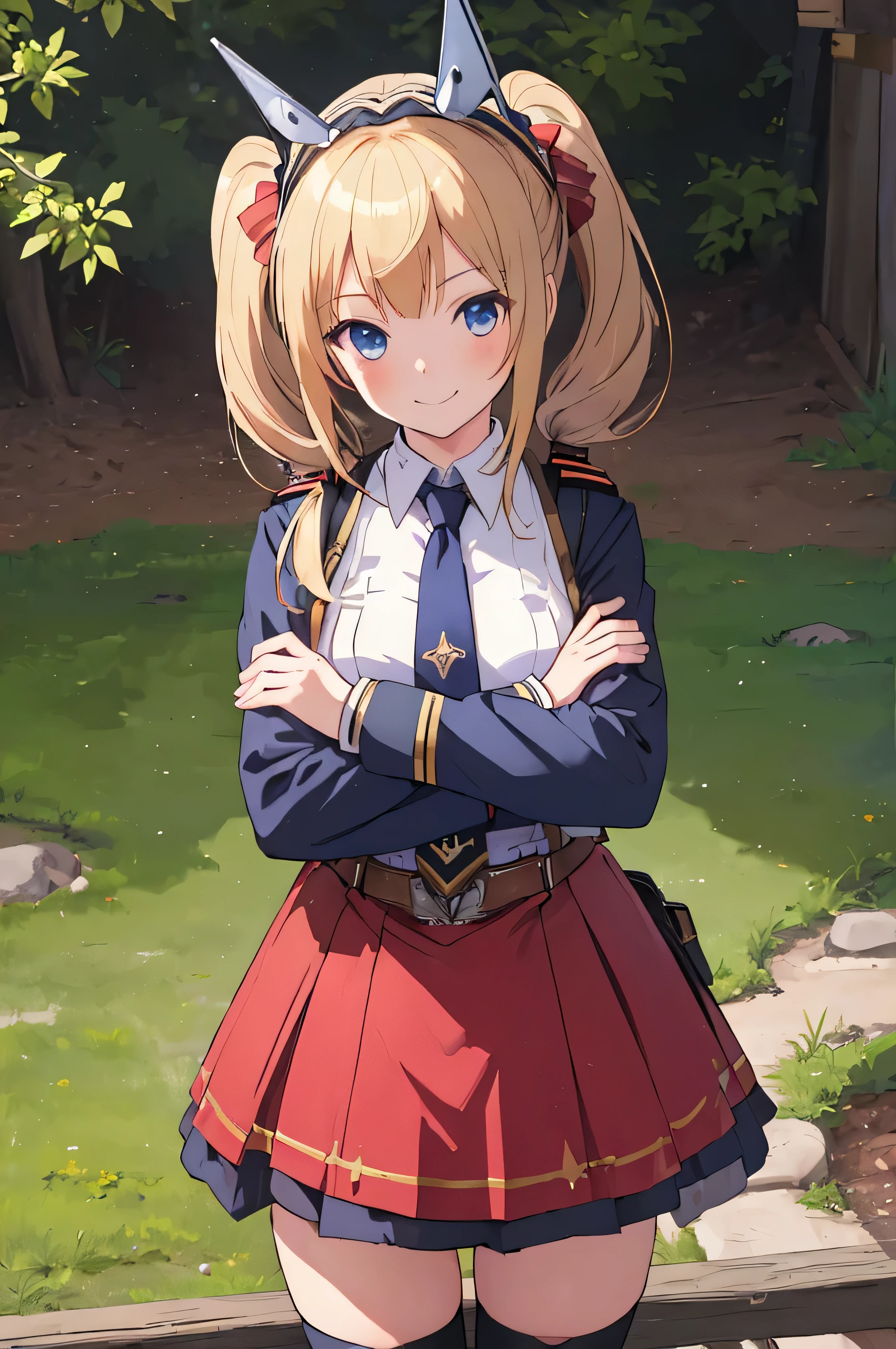(masterpiece, best quality:1.2), cowboy shot, solo, 1girl, alicia melchiott, smile, looking at viewer, crossed arms, twintails, headdress, military uniform, necktie, thighhighs