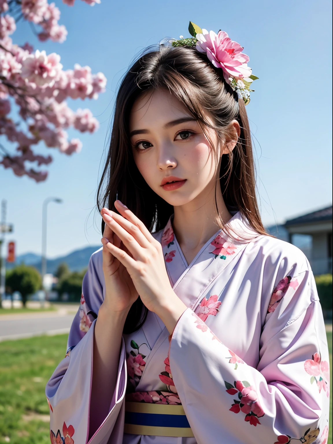 ((Best Quality)), (hyper realisitic),((High-quality photos)),(Perfect face),(masuter piece),(a beauty girl),pray,Pink floral kimono,The background is blue sky,Human finger,The upper part of the body