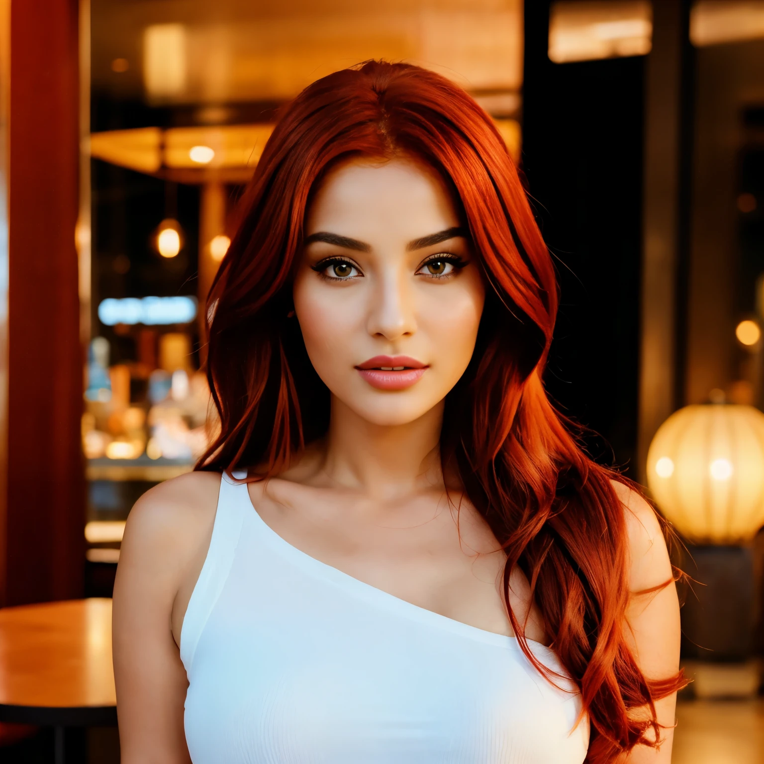 a woman with red hair, arabic goddess, traditional beauty, arabic, beautiful goddess, middle eastern girl, arabic super model, beautiful, gorgeous woman, middle eastern with long, sweet shy arabic, gorgeous beautiful woman, Arabian aesthetic, beautiful middle eastern girl, extremely detailed goddess shot, jaw-dropping beauty, full body length, spotlights behind her, full height, wearing a cute outfit getting coffee, winter, coffee time, red hair, fiery red hair, happy, new york city background,