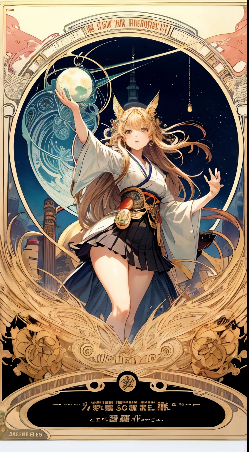 Ichigo Takano, Alphonse Mucha, Surreal, mysterious, strange, fantastic, fantasy, Sci-fi, Japanese anime, a giant Newton's cradle floating in the sky, a beautiful high school girl in a miniskirt, perfect voluminous body, Tokyo night view, detailed masterpiece