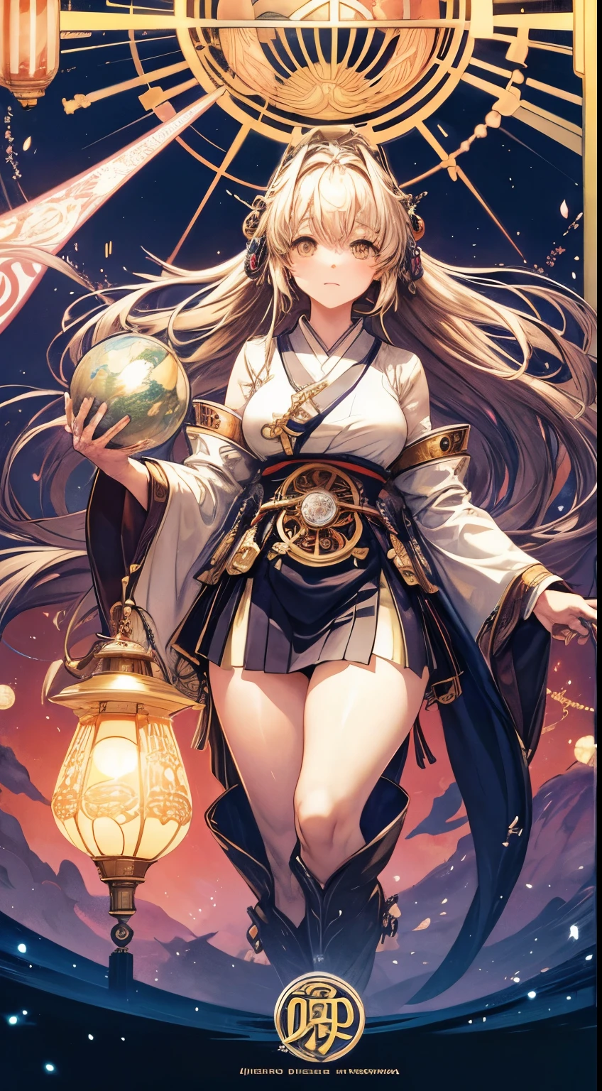 Ichigo Takano, Alphonse Mucha, Surreal, mysterious, strange, fantastic, fantasy, Sci-fi, Japanese anime, a giant Newton's cradle floating in the sky, a beautiful high school girl in a miniskirt, perfect voluminous body, Tokyo night view, detailed masterpiece