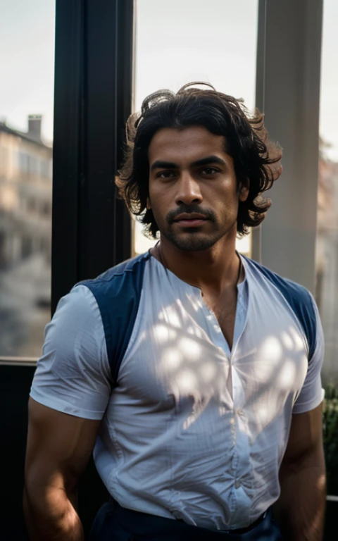 (homme métisse indien musclé, dressed, Tenue, chemise, high contrast, contre-jour, fleurir, Lueurs lumineuses, aberration chromatique, mise au point nette, photo couleur RAW