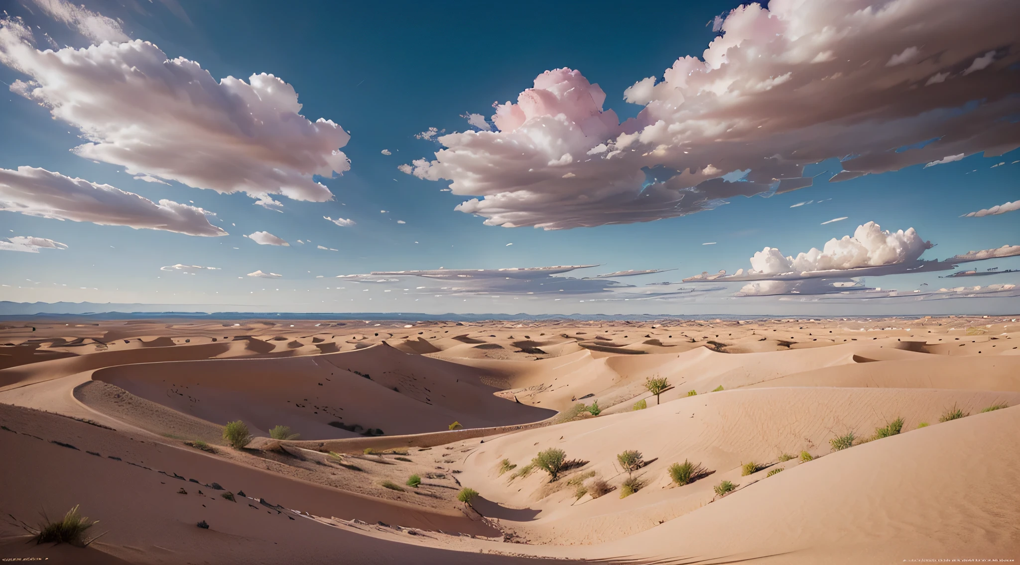letho, desert, Pink clouds, land, overgrown with roses, by James Gurney, Rendering Art Station, super-wide-angle lens, high definition
