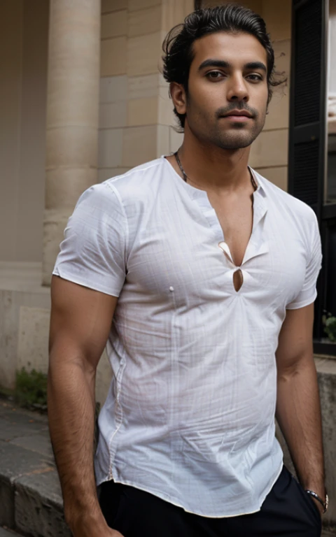 (homme métisse indien musclé, dressed, Tenue, chemise, high contrast, contre-jour, fleurir, Lueurs lumineuses, aberration chromatique, mise au point nette, photo couleur RAW
