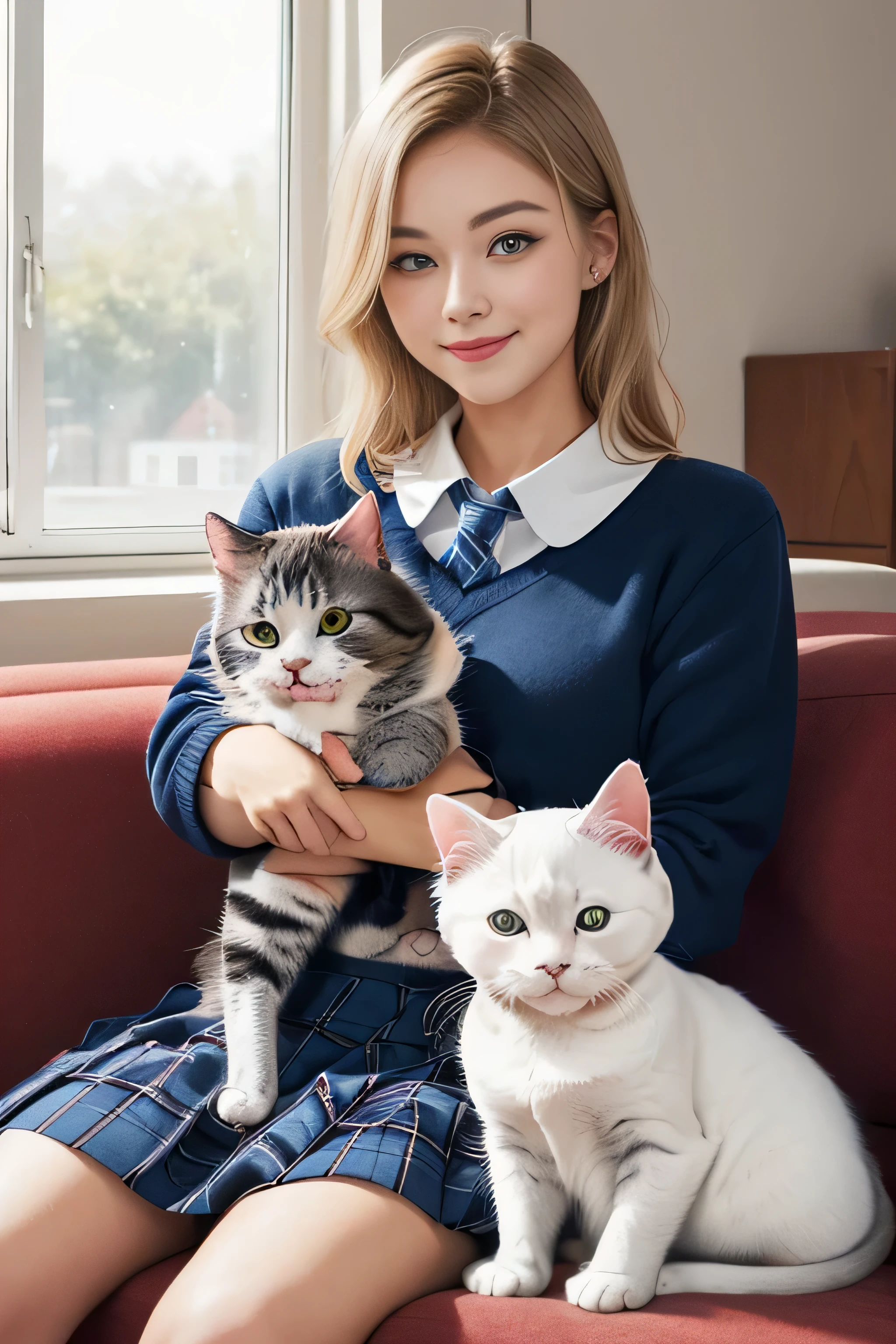 1girl in、European、(beauitful face:1.5)、(Sitting on the sofa at home and holding a cute cat:1.5)、Smiling、(Cute American shorthair with blue eyes)、(White Persian cat)、(high-school uniform)、(Plaid mini skirt)、(Golden hair)