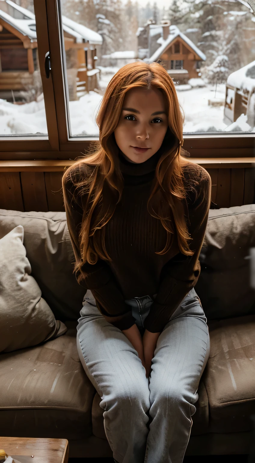 RAW UHD portrait of a 24-year-old blonde woman sit down on a sofa close to a fireplace in a mountaing cottage . Her natural red hair gently waves as she stands outdoors, surrounded by the wooden indoor of the cottage. Brown-eyed and wearing a heavy red turtleneck and skinny jeans. The scene captures the essence of a warm place compared to the colf snowy winter day, visible on a window. The camera, a Fujifilm XT3, skillfully focuses on her, frontally, while she looks directly at the camera. the photo portraits her in full body on a sofa.