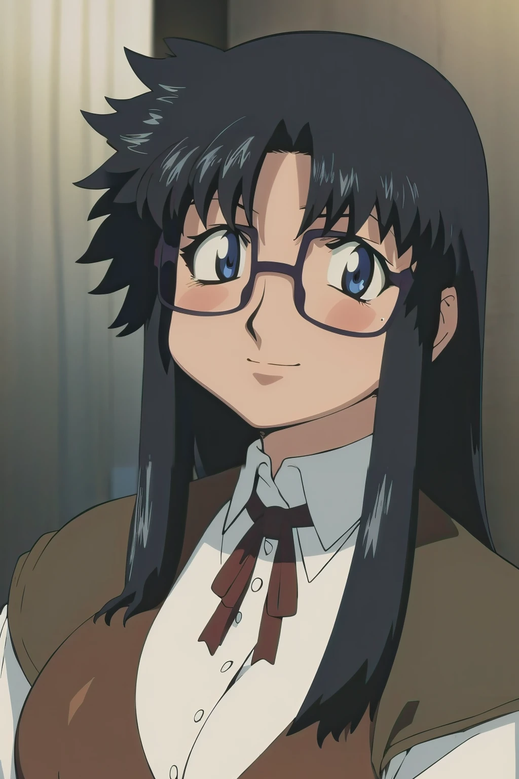 YR, 1girl, solo, upper body, portrait, sticker blush, smile, looking at viewer, glasses, long skirt, coat, vest, ribbon, long sleeves, messy hair, fine detail, perfect quality, good quality, masterpiece, HDR, UHD full body, refsheet, flipflops,  huge breast,