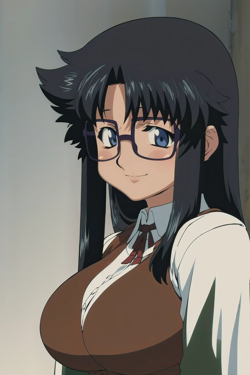 YR, 1girl, solo, upper body, portrait, sticker blush, smile, looking at viewer, glasses, long skirt, coat, vest, ribbon, long sleeves, messy hair, fine detail, perfect quality, good quality, masterpiece, HDR, UHD full body, refsheet, flipflops,  huge breast,