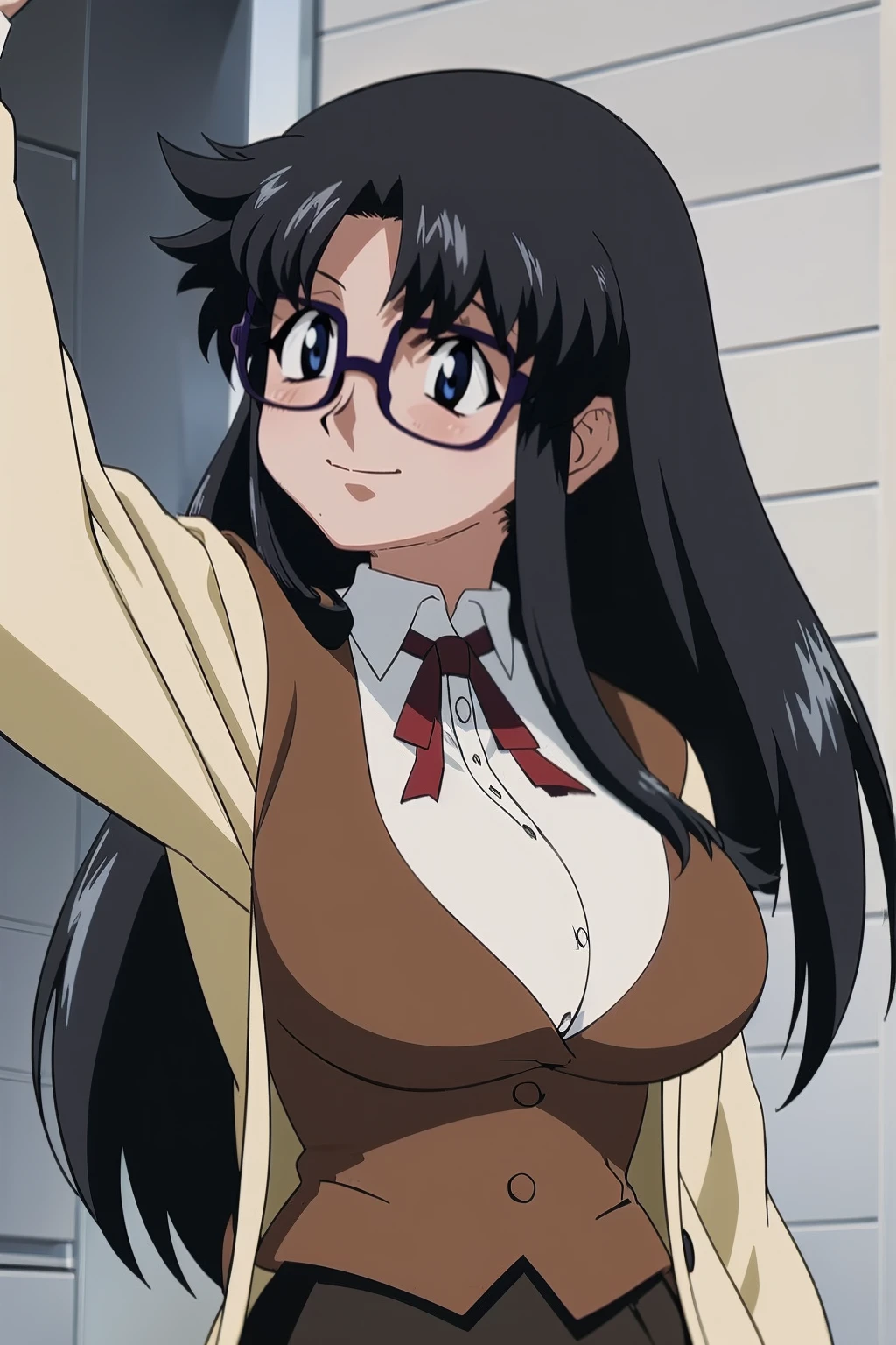 YR, 1girl, solo, upper body, portrait, sticker blush, smile, looking at viewer, glasses, long skirt, coat, vest, ribbon, long sleeves, messy hair, fine detail, perfect quality, good quality, masterpiece, HDR, UHD full body, refsheet, flipflops, huge breast,