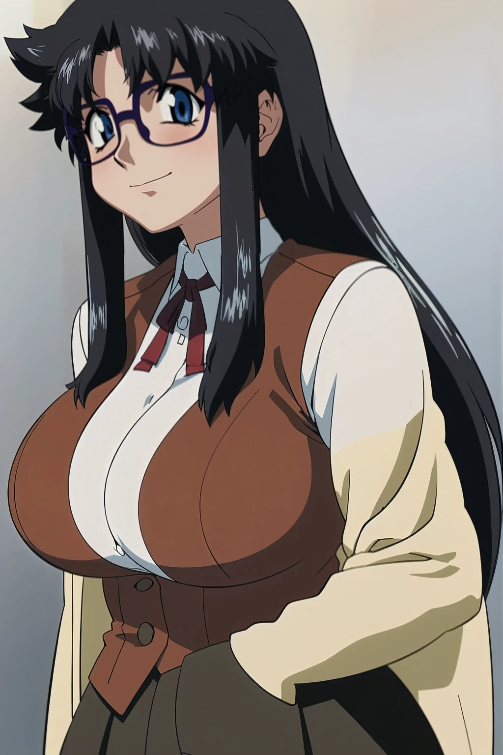 YR, 1girl, solo, upper body, portrait, sticker blush, smile, looking at viewer, glasses, long skirt, coat, vest, ribbon, long sleeves, messy hair, fine detail, perfect quality, good quality, masterpiece, HDR, UHD full body, refsheet, flipflops, huge breast,