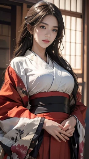 Historic Buildings in Japan、Wearing a black kimono、Unreal Engine:1.4,nffsw,best qualtiy:1.4, Photorealista:1.4, Skin Texture:1.4, ​masterpiece:1.8, 1 Women, hips up high, beautidful eyes, The long-haired, Ringed Eyes, jewely, The tattoo, Kimono