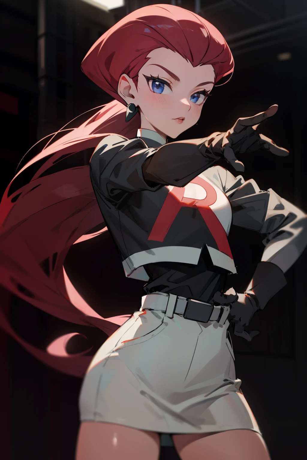 female, jessie, long hair slicked back, blue eyes, white team rocket uniform, dynamic pose, ambient lights, detailed,  short black gloves, red r on clothing, standing in a city, skirt, earrings