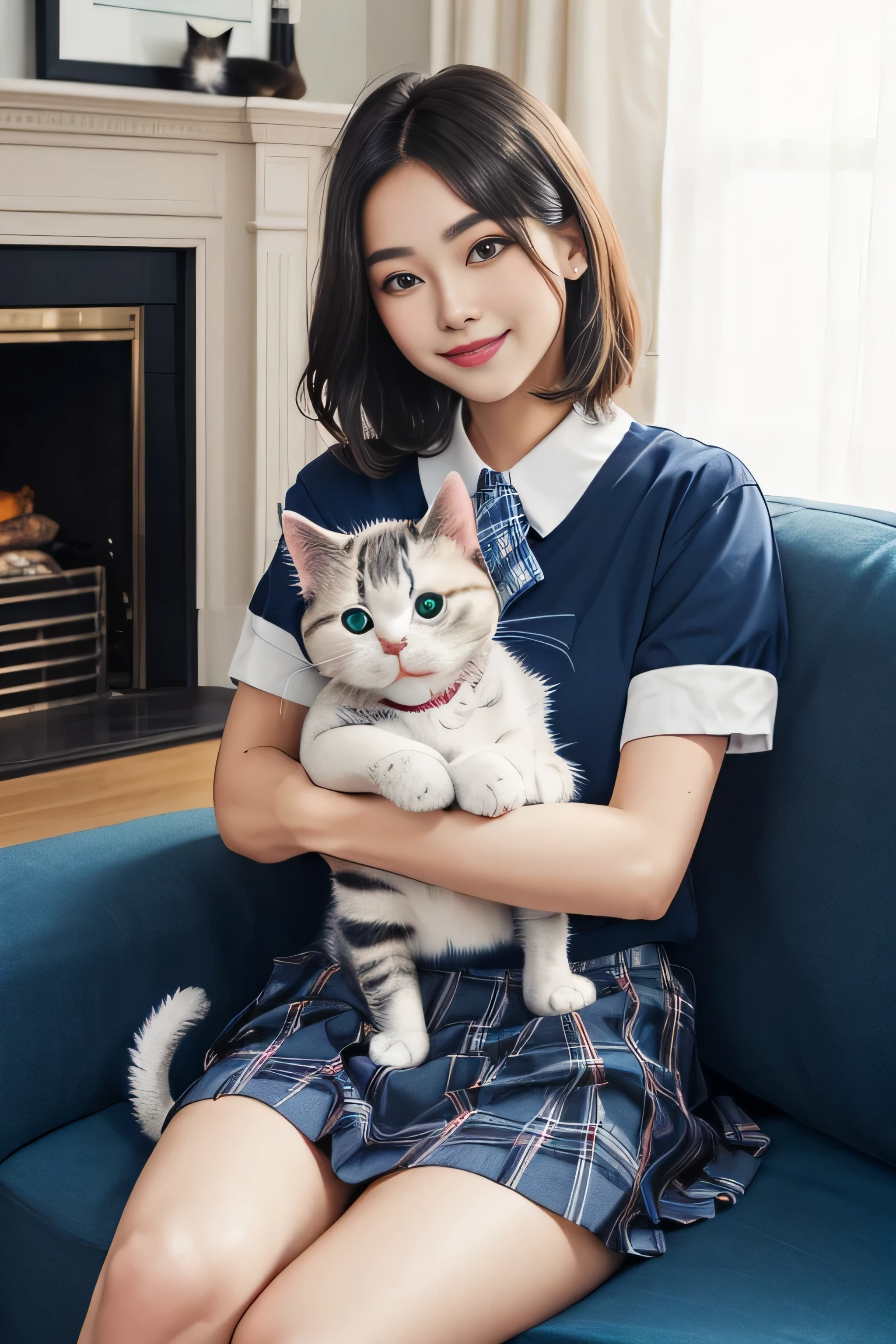 1girl in、(European:1.1)、(beauitful face:1.5)、(Sitting on the sofa at home and holding a cute cat:1.5)、Smiling、(Cute American shorthair with blue eyes)、(White Persian cat)、(high-school uniform)、(Plaid mini skirt)