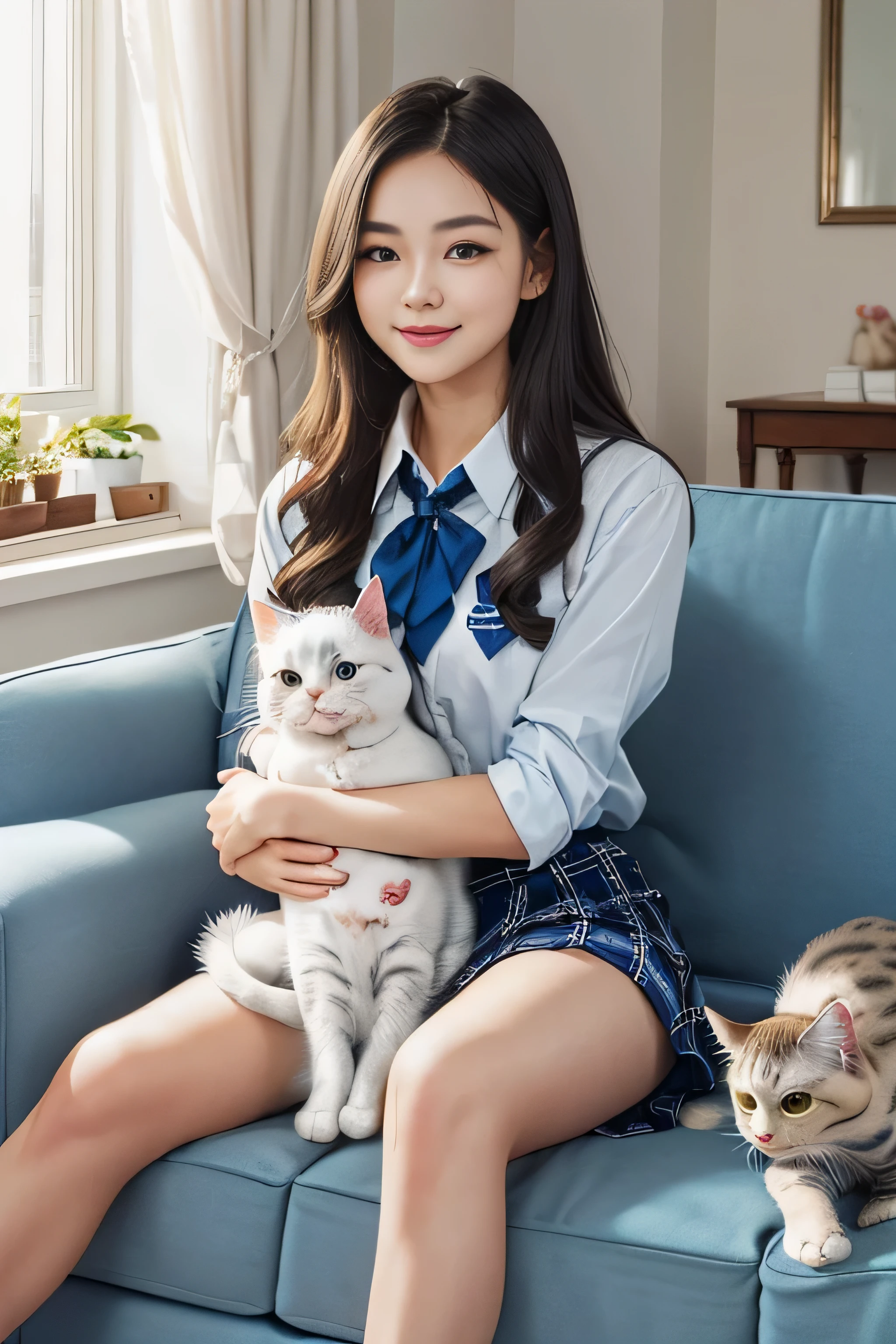 1girl in、(European:1.1)、(beauitful face:1.5)、(Sitting on the sofa at home and holding a cute cat:1.5)、Smiling、(Cute American shorthair with blue eyes)、(White Persian cat)、(high-school uniform)、(Plaid mini skirt)