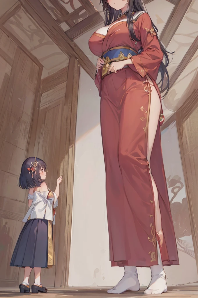 (a giantess towering over a girl: 1.2), (giantess socks foreshortening: 1.2), (a girl at the feet of a giantess: 1.1), (looking at another: 1.2), (yuri:1.1), (chinese geisha house:1.1), (wooden concubine house: 1.1), (geisha outfit: 1.2), (concubine hair), (2girls:1.9), (height_difference:1.9), (size_difference:1.5), (multiple girls: 1.4), (giantess:1.2), large breasts, (yuri:1.5), (tall girl: 1.1), (from below: 1.4), (sitting: 1.2), (depth of field: 1.2), professionally drawn, (huge breasts), (cleavage sweat), (anime drawing:1.1), (simple bold lines: 1.1), (anime:1.1), (very cute anime girl), (bright), (low contrast), (prettiest teenage girl), (mature face: 1.4), (tall girl with big breasts: 1.2), (girl rear end: 1.3)