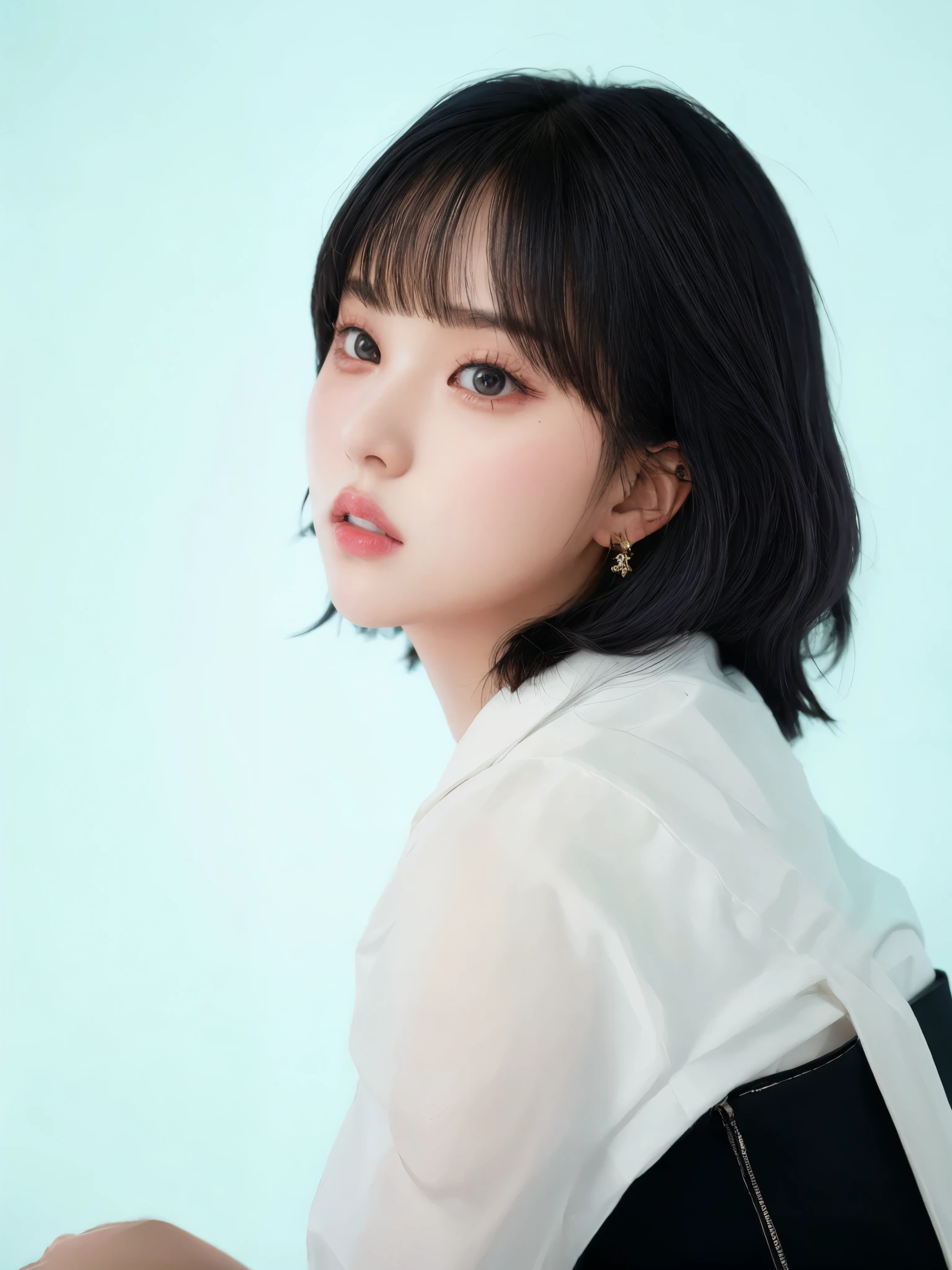 mulher com camisa branca e saia preta posando para foto, Retrato de Jossi de Blackpink, Portrait of female Korean idol, Lalisa Manobal, com cabelos curtos, Lee Ji-eun, Lee Ji - Eun, Ela tem cabelo preto com franja, Heonhwa Choe, foto de perfil headshot, portrait of kpop idol, Hwang SE - EM