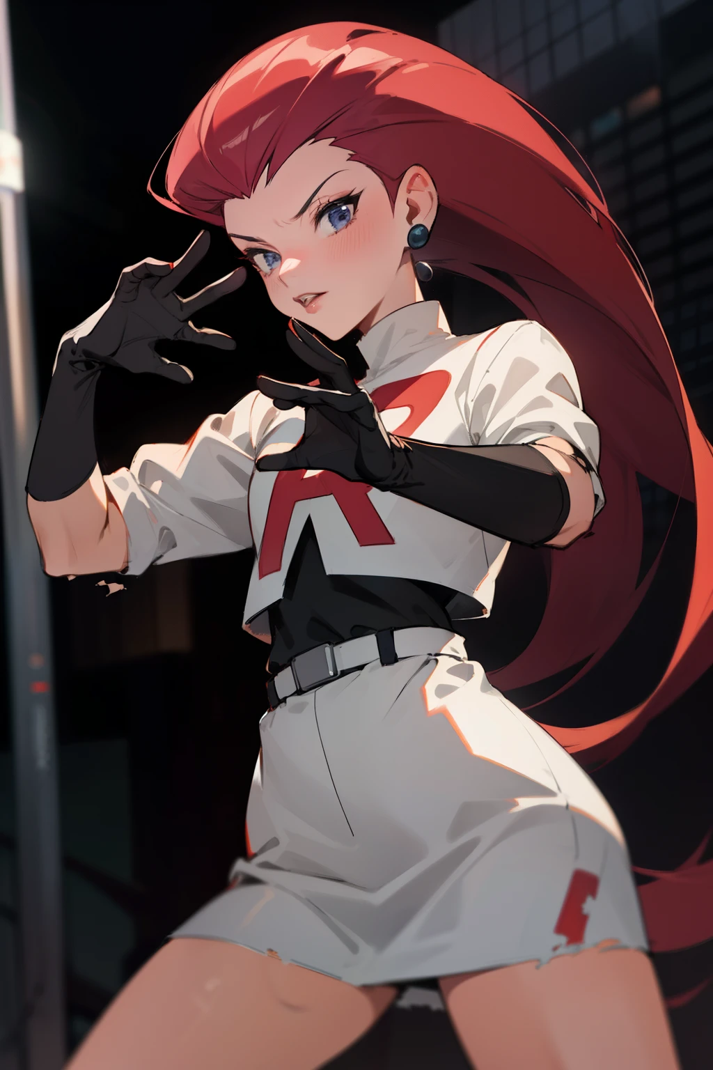 female, jessie, long hair slicked back, blue eyes, white team rocket uniform, dynamic pose, ambient lights, detailed, short black gloves, red r on clothing, standing in a city, skirt, earrings, torn clothes
