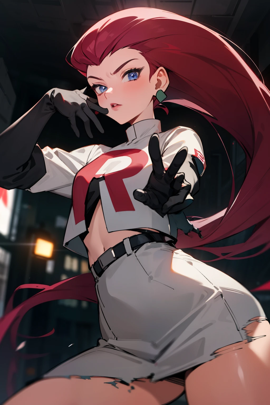 female, jessie, long hair slicked back, blue eyes, white team rocket uniform, dynamic pose, ambient lights, detailed, short black gloves, red r on clothing, standing in a city, skirt, earrings, torn clothes