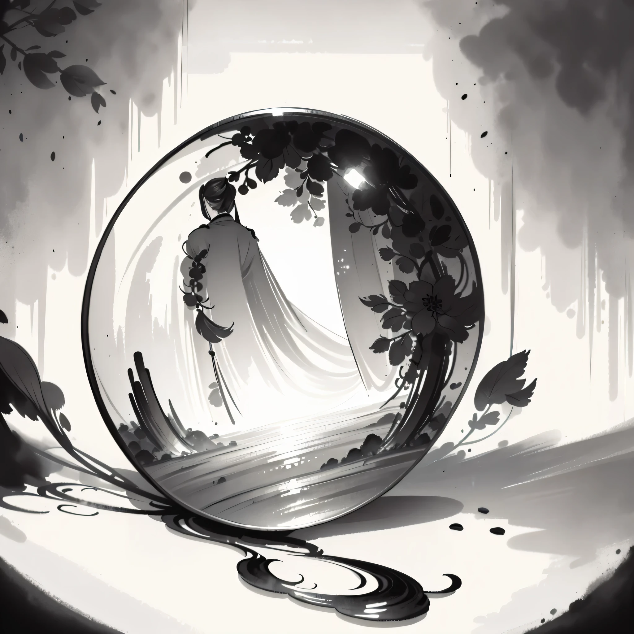 （Master masterpieces，high qulity，Very detailed，Perfect artwork，CG），（ink wash style：1.5），Defocused，black and white,The art of ，illustration，white background, scenery,one-girl，Oriental elements，vanity table，mirror surface
