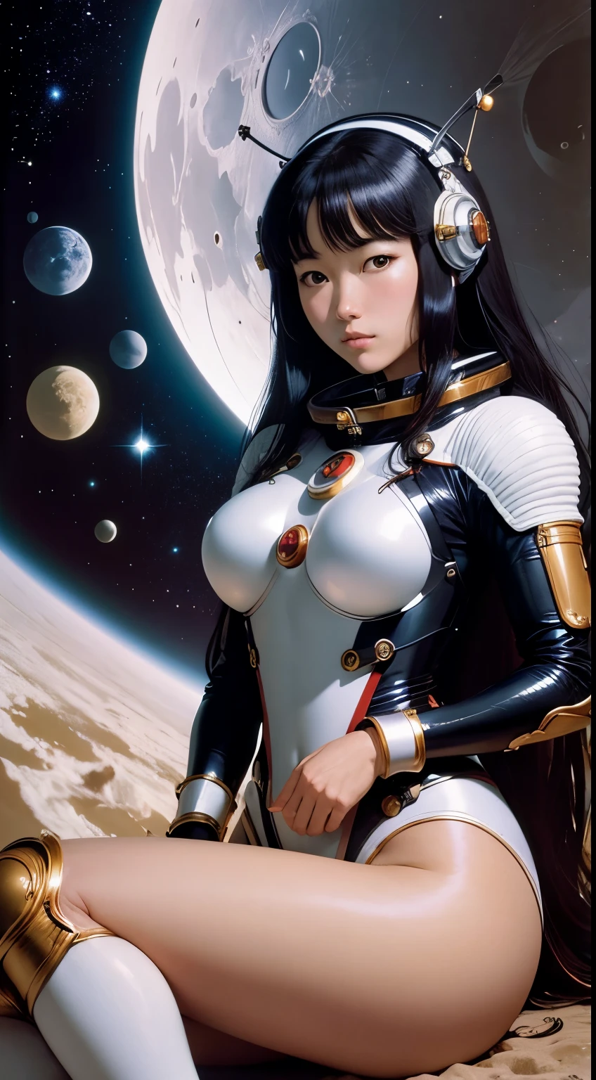 Hans Baldung, Naoko Takeuchi , Surreal, mysterious, strange, fantastical, fantasy, sci-fi, Japanese anime, beautiful girl in a space suit surveying the moon, perfect voluminous body, distance from the earth to the moon, survey map, detailed masterpiece