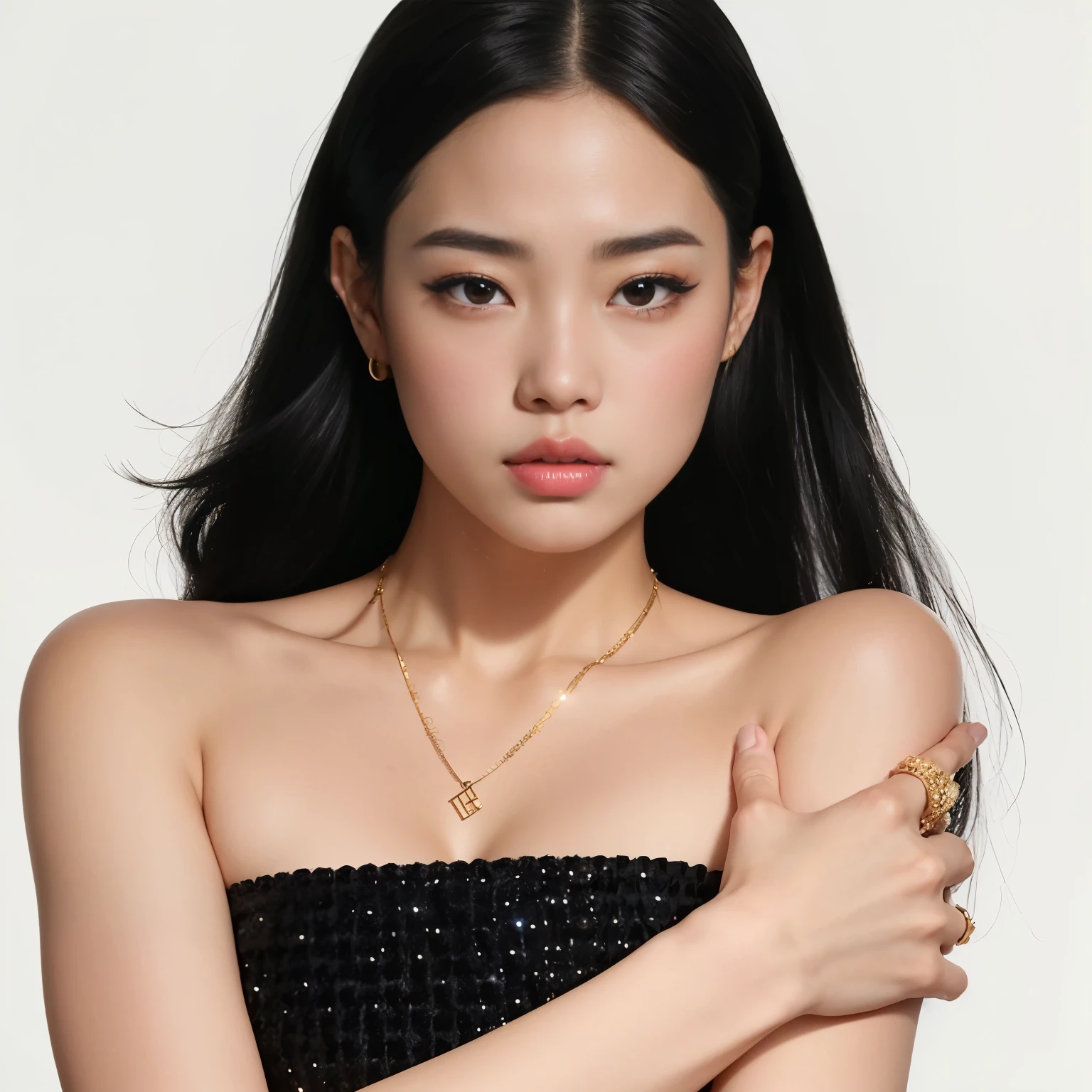 a close up of a woman with a black dress and a gold necklace, blackpink jennie, gongbi, jia, heonhwa choe, jossi of blackpink, jaeyeon nam, portrait of jossi of blackpink, lulu chen, lee ji - eun, lee ji-eun, mingchen shen, taejune kim, ji-min, roseanne park of blackpink