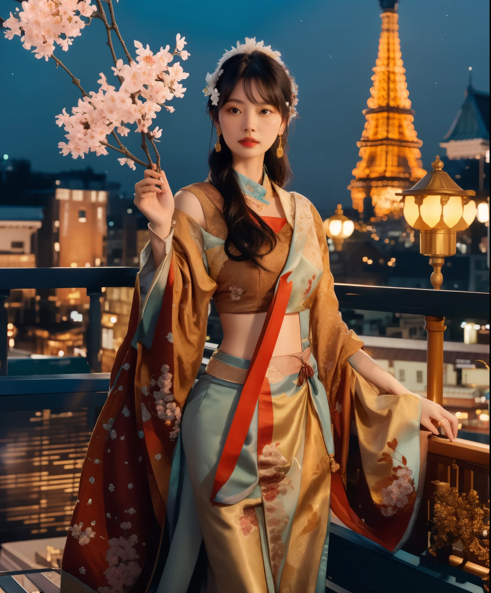 A beautiful woman stands on a balcony with the city at night in the background; her face is Asian. The woman is wearing a traditional fancy dress with an open belly, gold embroidered accessories and floral patterns. The outfit has a color combination of light blue, gold, white, and red from the scarf she is wearing. She is holding a branch of blooming cherry blossoms. The background features a city with beautiful buildings and a tall tower similar to the Eiffel Tower, all in night lighting. There is a hanging street lamp with a vintage design near the woman. UHD, ultra high res, (photo realistic:1.4)
