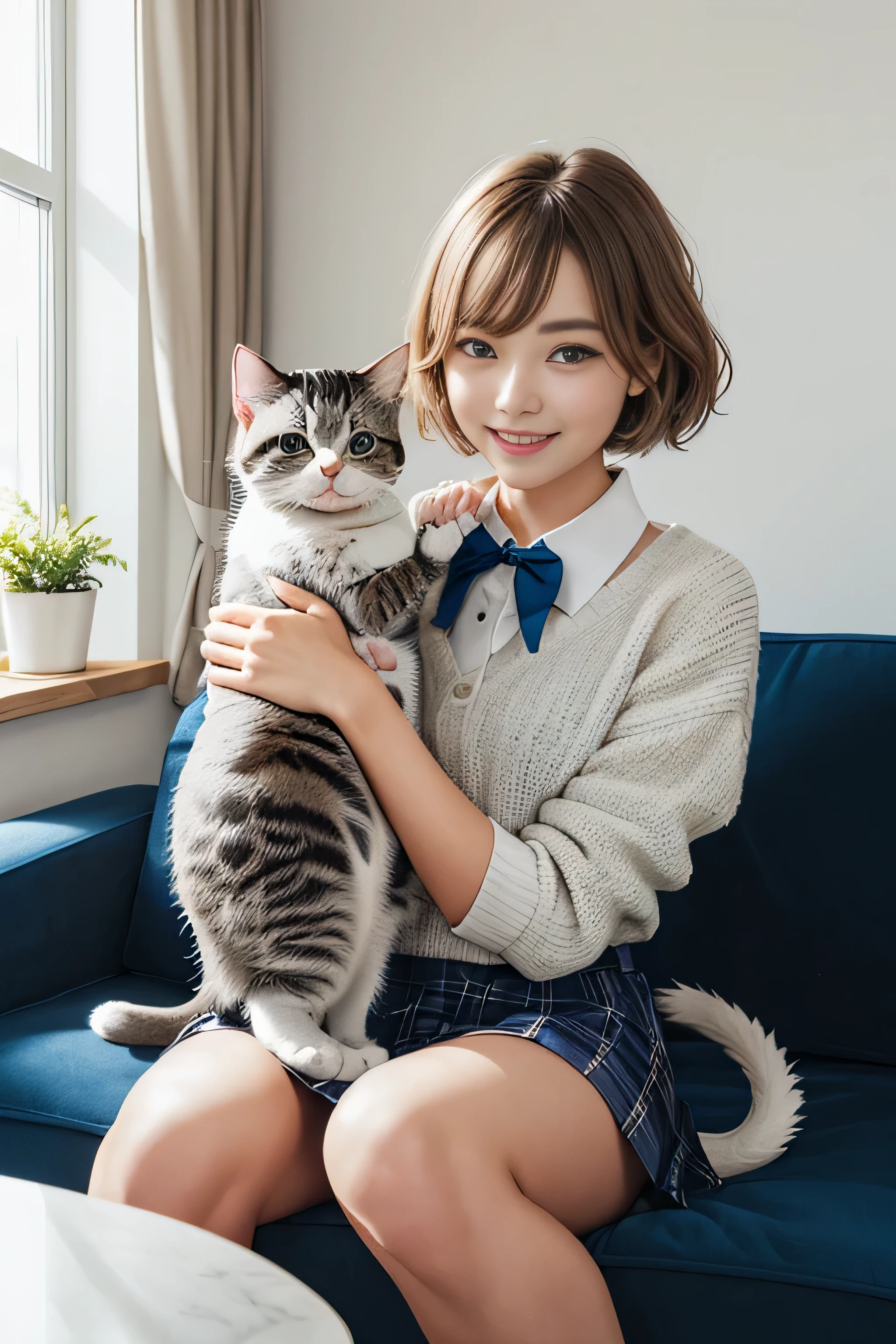 1girl in、(European:1.1)、(beauitful face:1.5)、(Sitting on the sofa at home and holding a cute cat:1.5)、Smiling、(Cute American shorthair with blue eyes)、(White Persian cat)、(high-school uniform)、(Plaid mini skirt)、Golden hair