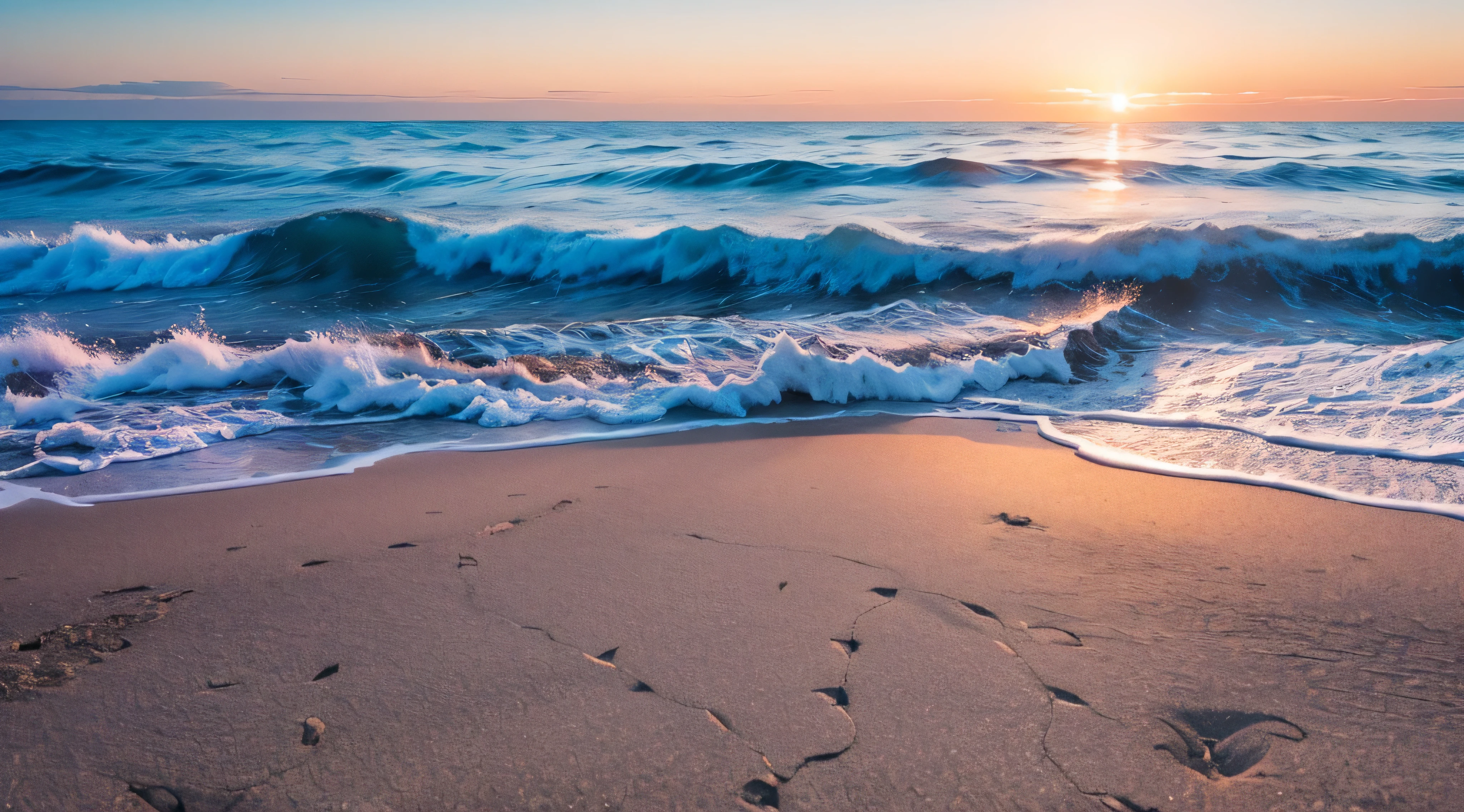 ocean snowy sandy shore at dawn, A lot of snow , Clear Focus, Good focus, High texture detail, Hyper-realistic visuals,8K, f/45mm, Ultra HD 8K