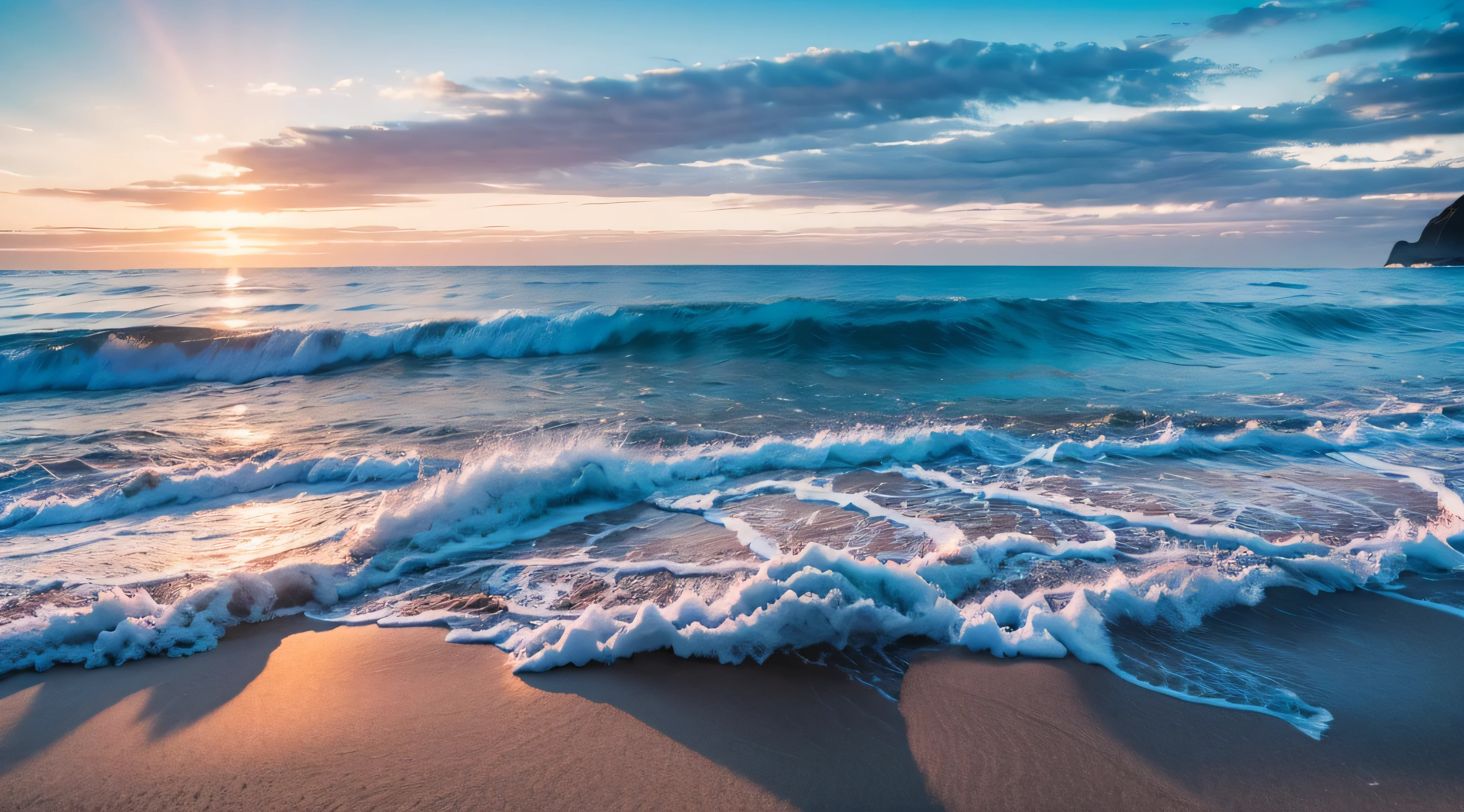 ocean snowy sandy shore at dawn, A lot of snow , Clear Focus, Good focus, High texture detail, Hyper-realistic visuals,8K, f/45mm, Ultra HD 8K
