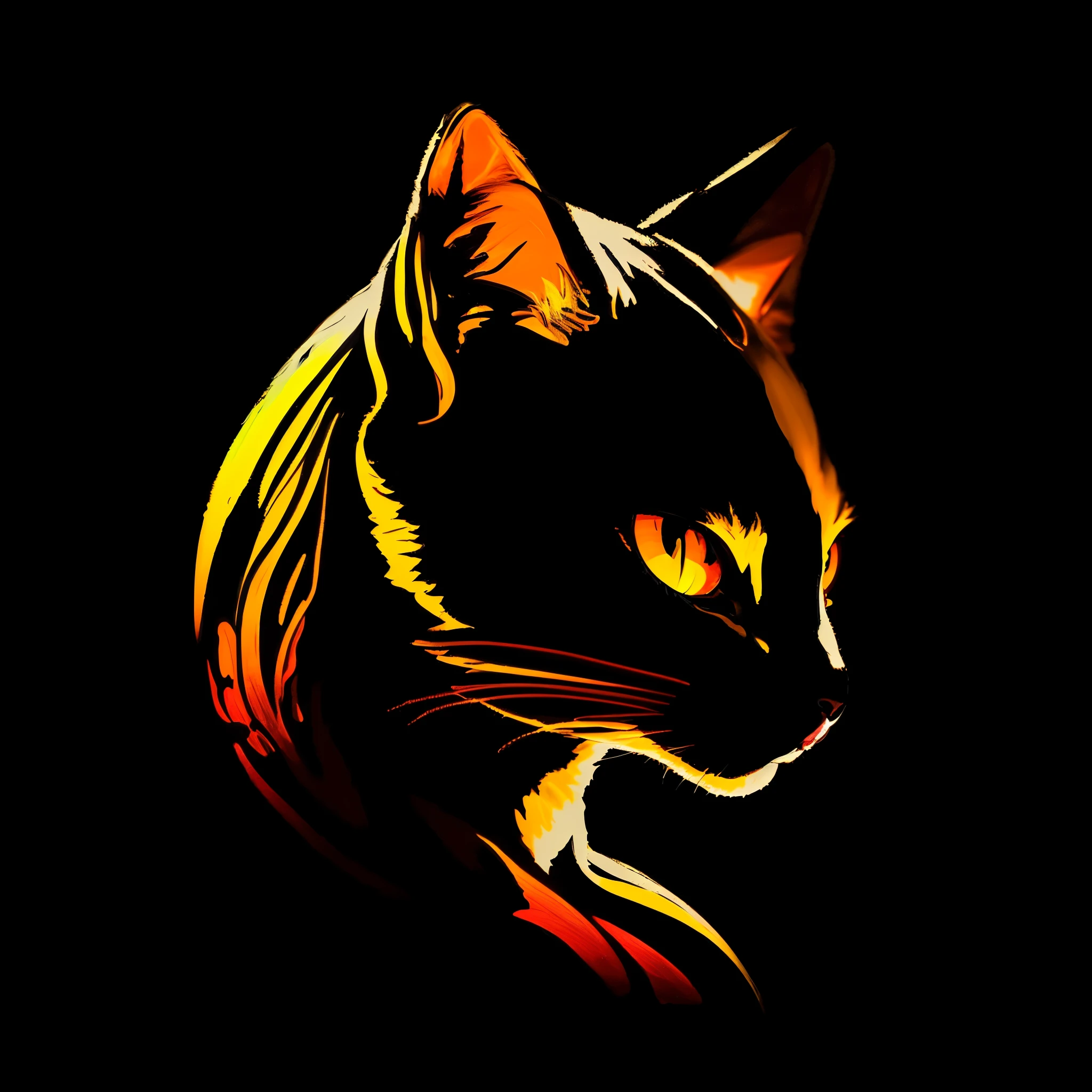 brightly colored cat in the dark with a black background, cat. digital painting, beautiful neon cats, demon cat, with glowing yellow eyes, amoled wallpaper, digital art animal photo, cat silhouette, the dark god of cats, with glowing red eyes, cat design, with red glowing eyes, illustration of a cat, metal cat ears and glowing eyes