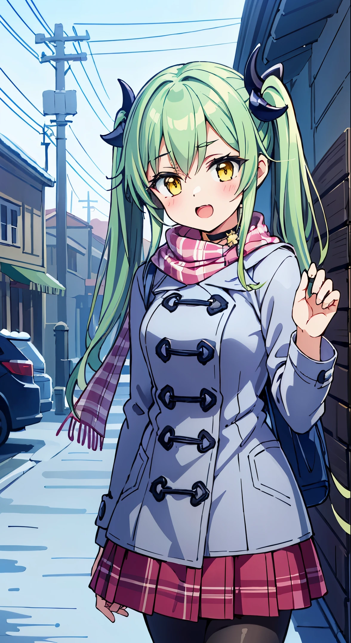 (masterpiece, top quality, best quality, official art, beautiful and aesthetic:1.2), ultra-detailed, intricate details, amazing illustration, award-winning art, atmospheric, BREAK, 1 beautiful girl, (17 yrs old girl),Solo,(cute:1.5),(chibi:0.6),(kawaii:1.5),(loli:0.5),BREAK, :d, (twintail, green hair, horns, long hair:1.35), (yellow eyes, double, slanted eyes:1.45), blush, double teeth, ((D cup breasts))), heart, gaze, maid, /maid dragon/, dragon tail, (long eyelashes, double eyelids, fine eyebrows:1.2), solo, glowing skin, clear skin, BREAK, (dark navy theme:1.3), (Please wear a navy blue duffel coat over your school uniform..、Only the hem of the skirt is exposed:1.4), (Black and white plaid pleated skirt:1.1), ((Dark brown pantyhose, lowfers):1.2), 
BREAK (Pink Theme:1.3), (pink plaid knit scarf:1.4),


BREAK,(day), a closed mouth,(architecture, building, Choker, city, Cityscape, Outdoors, building, city,lamp post, Power lines, scarf, skyporn, Snow, Solo, utility pole, Winters:1.55), Waterfall,depth of fields,

 BREAK,wakame,wakame,wakame,(Cowboy Shot:1.4), 

BREAK,(Blurry background:1.3),(absurderes, hight resolution, Super Detail Art),cel shading,Clear Color, Lonely optical effect, Beautiful pictures, Bright glow, mystic atmosphere,(Close-up of girl:1.1), Mystical light particle effect,manga influence, clean line drawings,