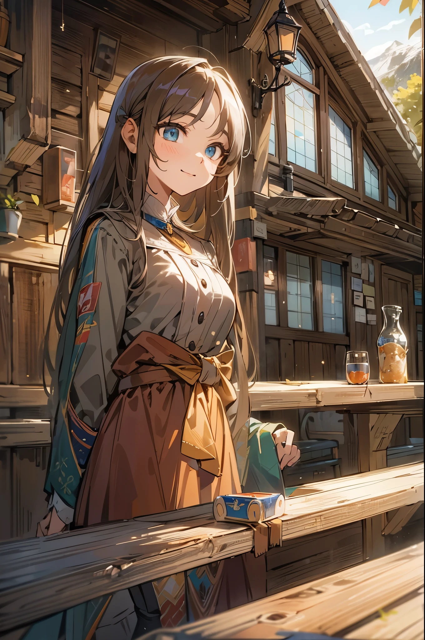 woman, Taking a break at a mountain hut, semi long hair, shiny hair, relaxed expression, detailed beautiful face and eyes, cinematic lighting, anime style, Eye-Level Shot, drop shadow, tach-e, masterpiece, retina, accurate, best quality, highres, 8k, super detailed