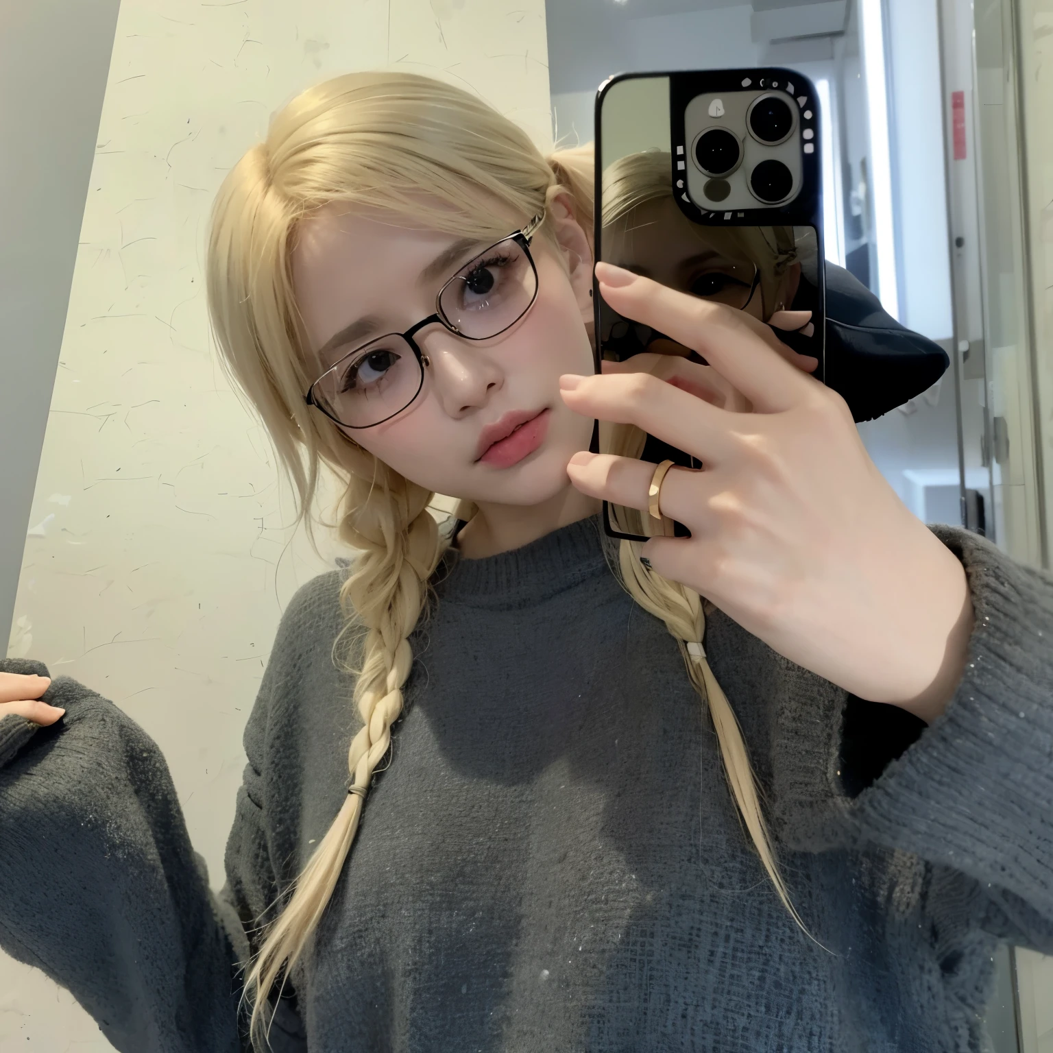 blond woman con gafas taking a selfie in a mirror, Chica de anime en la vida real, con gafas, Parque Roseanne de Blackpink, taken in the early 2020s, ulzzang, Hermosa Delphine, Rena Nounen Estilo 3/4, como personaje de anime, Shikamimi, con cabello largo y rubio, con gafas cuadradas