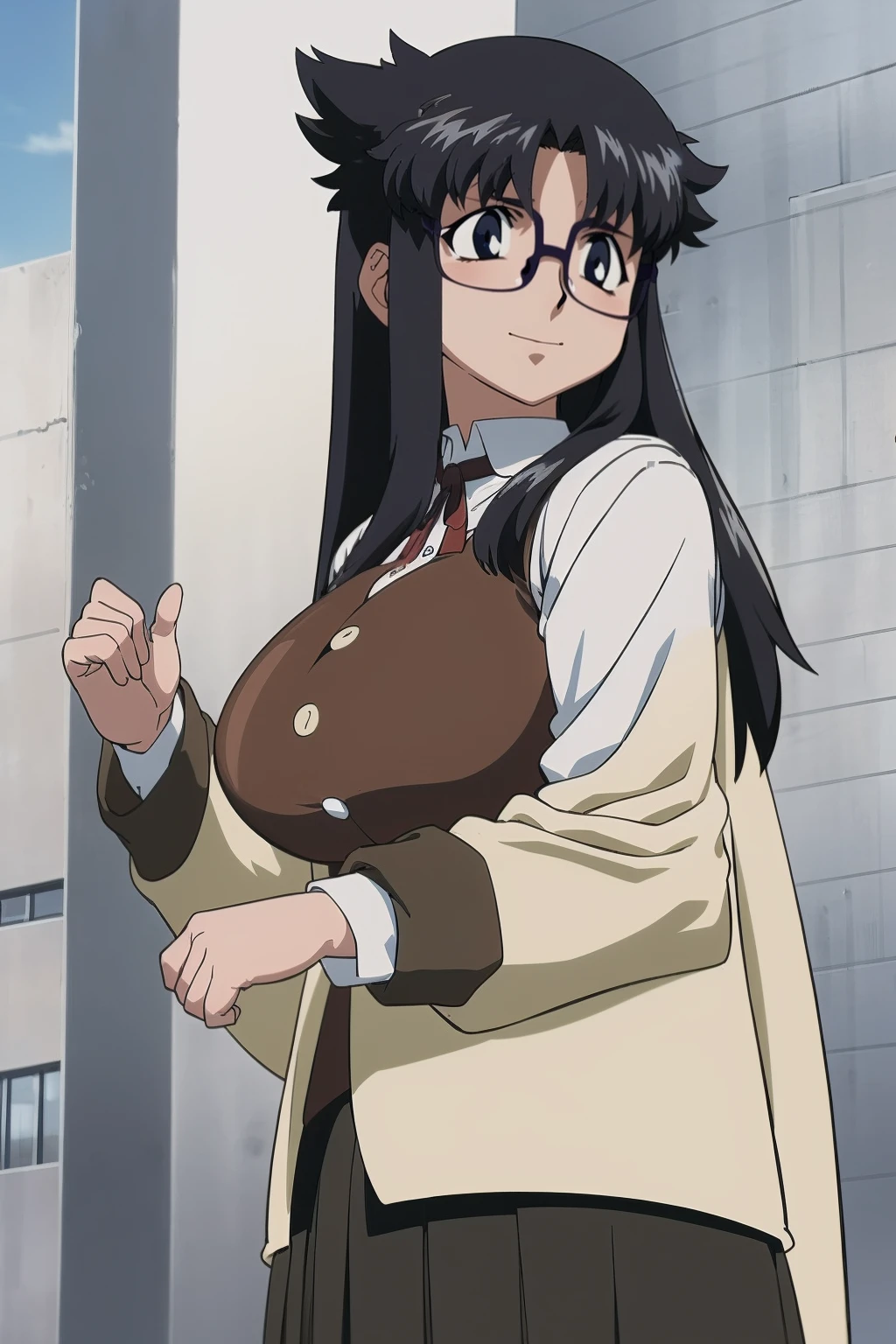 YR, 1girl, solo, upper body, portrait, sticker blush, smile, looking at viewer, glasses, long skirt, coat, vest, ribbon, long sleeves, messy hair, fine detail, perfect quality, good quality, masterpiece, HDR, UHD full body, refsheet, flipflops, huge breast,full body, flipflops,