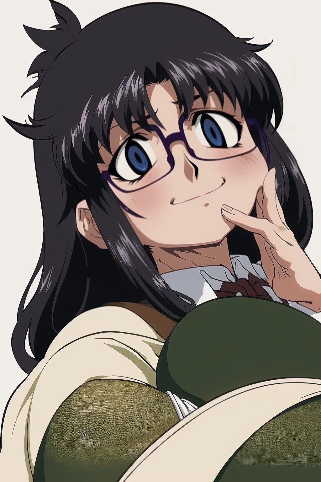 YR, 1girl, solo, upper body, portrait, sticker blush, smile, looking at viewer, glasses, long skirt, coat, vest, ribbon, long sleeves, messy hair, fine detail, perfect quality, good quality, masterpiece, HDR, UHD full body, refsheet, flipflops, huge breast,full body, flipflops,