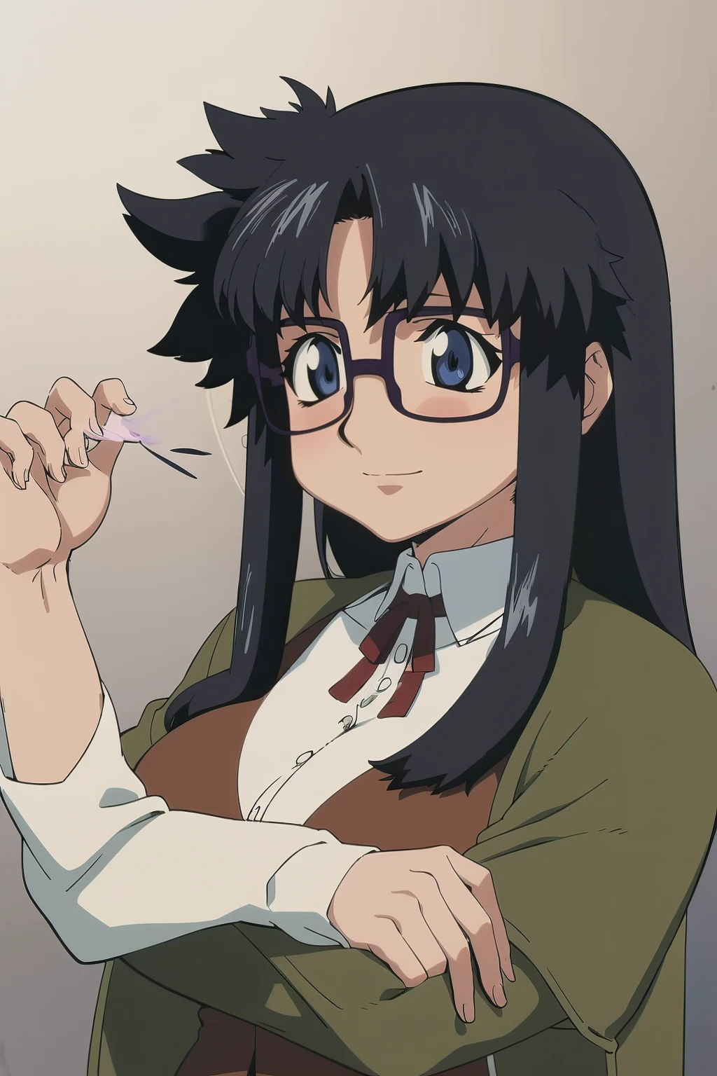 YR, 1girl, solo, upper body, portrait, sticker blush, smile, looking at viewer, glasses, long skirt, coat, vest, ribbon, long sleeves, messy hair, fine detail, perfect quality, good quality, masterpiece, HDR, UHD full body, refsheet, flipflops, huge breast,full body, flipflops,