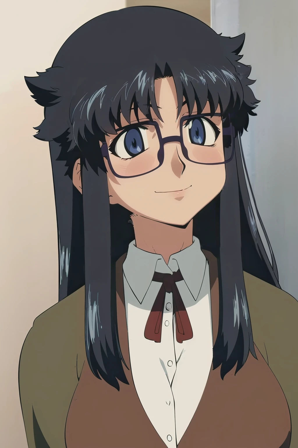 YR, 1girl, solo, upper body, portrait, sticker blush, smile, looking at viewer, glasses, long skirt, coat, vest, ribbon, long sleeves, messy hair, fine detail, perfect quality, good quality, masterpiece, HDR, UHD full body, refsheet, flipflops, huge breast,full body, flipflops,