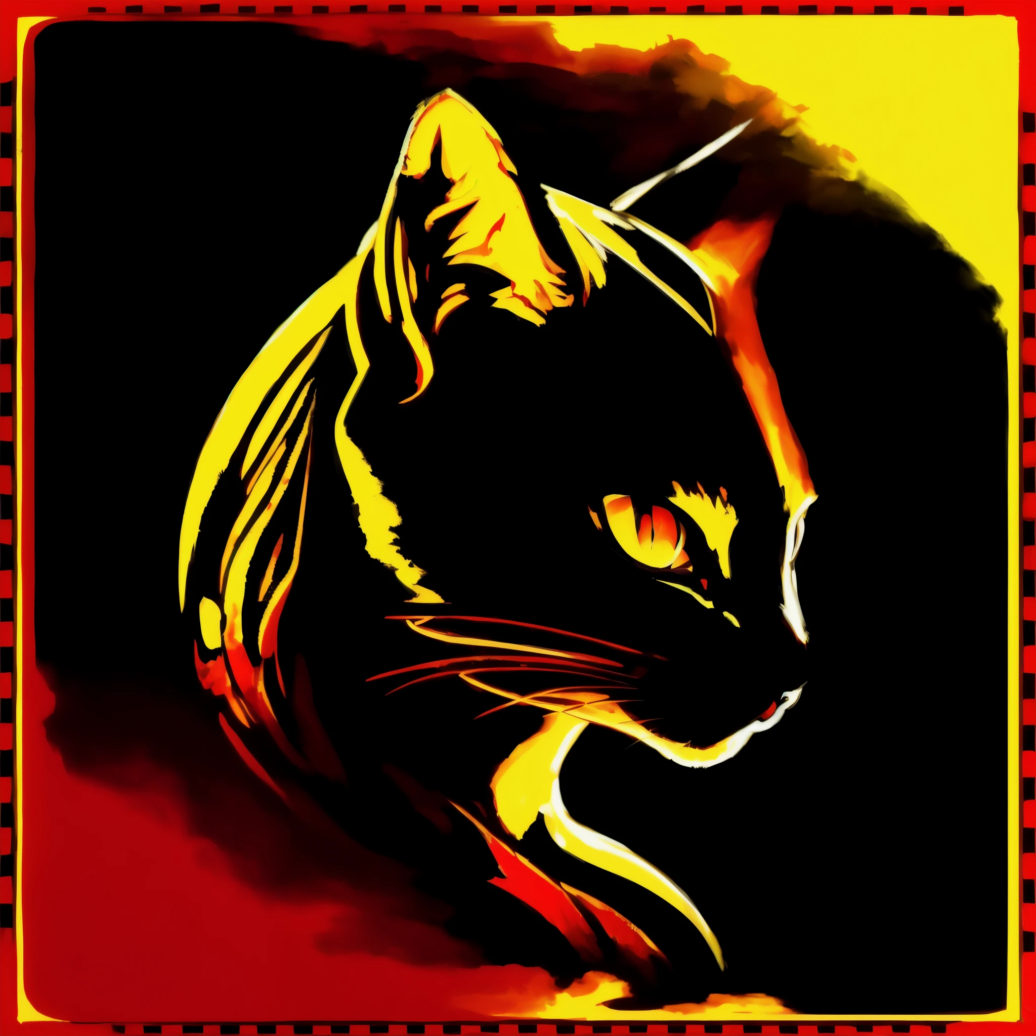 painting of a cat with a yellow and red background, cat. digital painting, the dark god of cats, demon cat, with glowing yellow eyes, warrior cats, by Zoran Mušič, bastet, digital art animal photo, black cat, posterized color, warrior cats fan art, alex grey cat, cat warrior, digital art - n 5