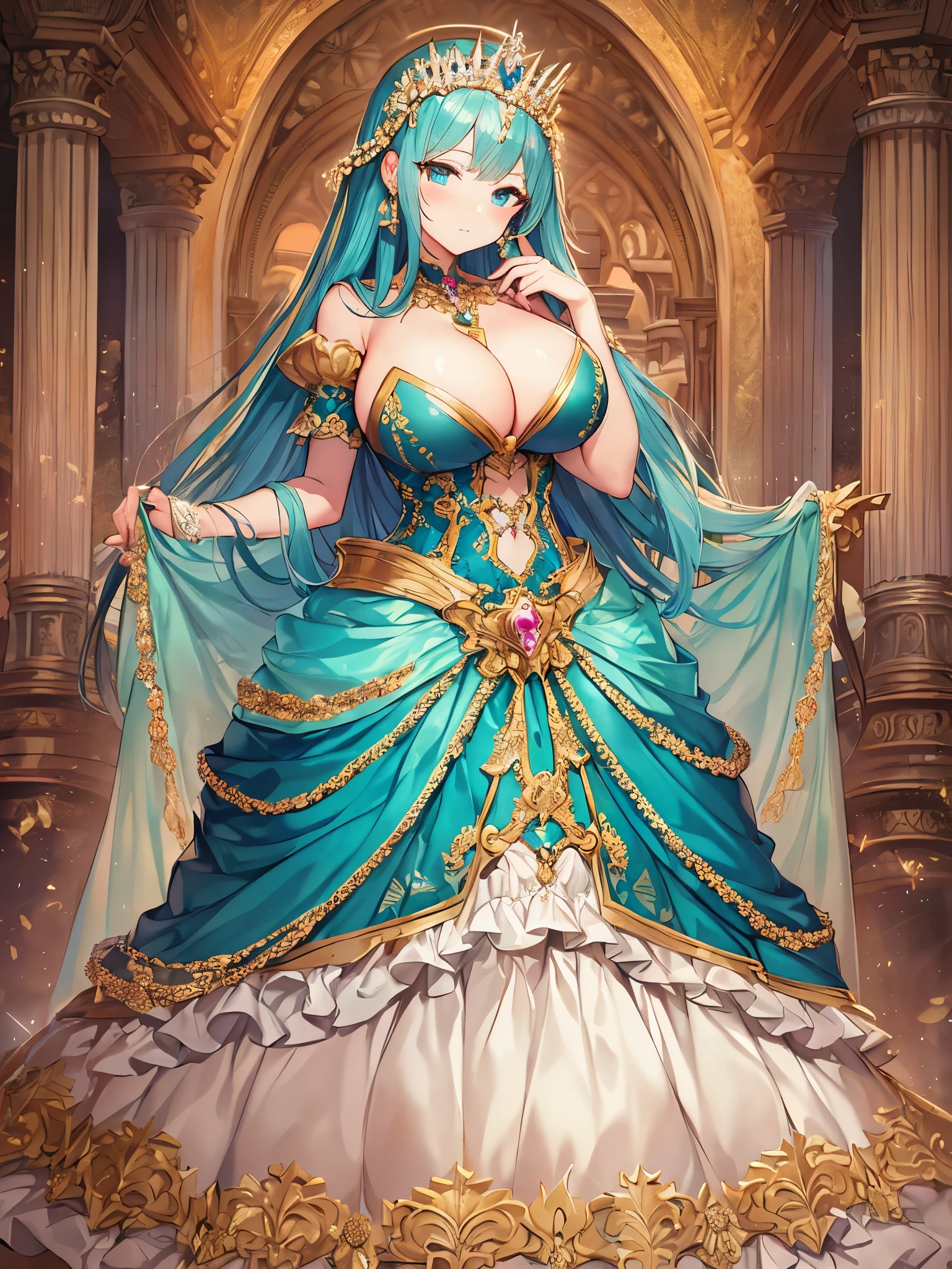 (anime artstyle),Masterpiece,Best Quality,Super Detail,Very Delicate and Beautiful,(((Solo))),((full body)),(((one Very gigantic tits princess in a gorgeous princess rococo ball gown with voluminous hoop skirt))),((crinoline)),Long train,((((Very gigantic tits,Skindentation)))),cleavage,((gorgeous rococo ballgown with beautiful embroidery and jeweled)),beautiful embroidery and jeweled gorgeous rococo ballgown with many ruffles,gorgeous rococo ballgown with beautiful embroidery and jeweled,gorgeous rococo ballgown with beautiful embroidery and jeweled,(gorgeousfull embroidery and lace),detailed face and eyes,jewel-like eyes,((extremely voluminous straight Hair,Very Long Straight Hair)),gorgeousfull hair ornament,(gorgeousfull jeweled tiara),Looking at viewer,((gorgeous princess rococo ball gown with voluminous hoop skirt)),full body,