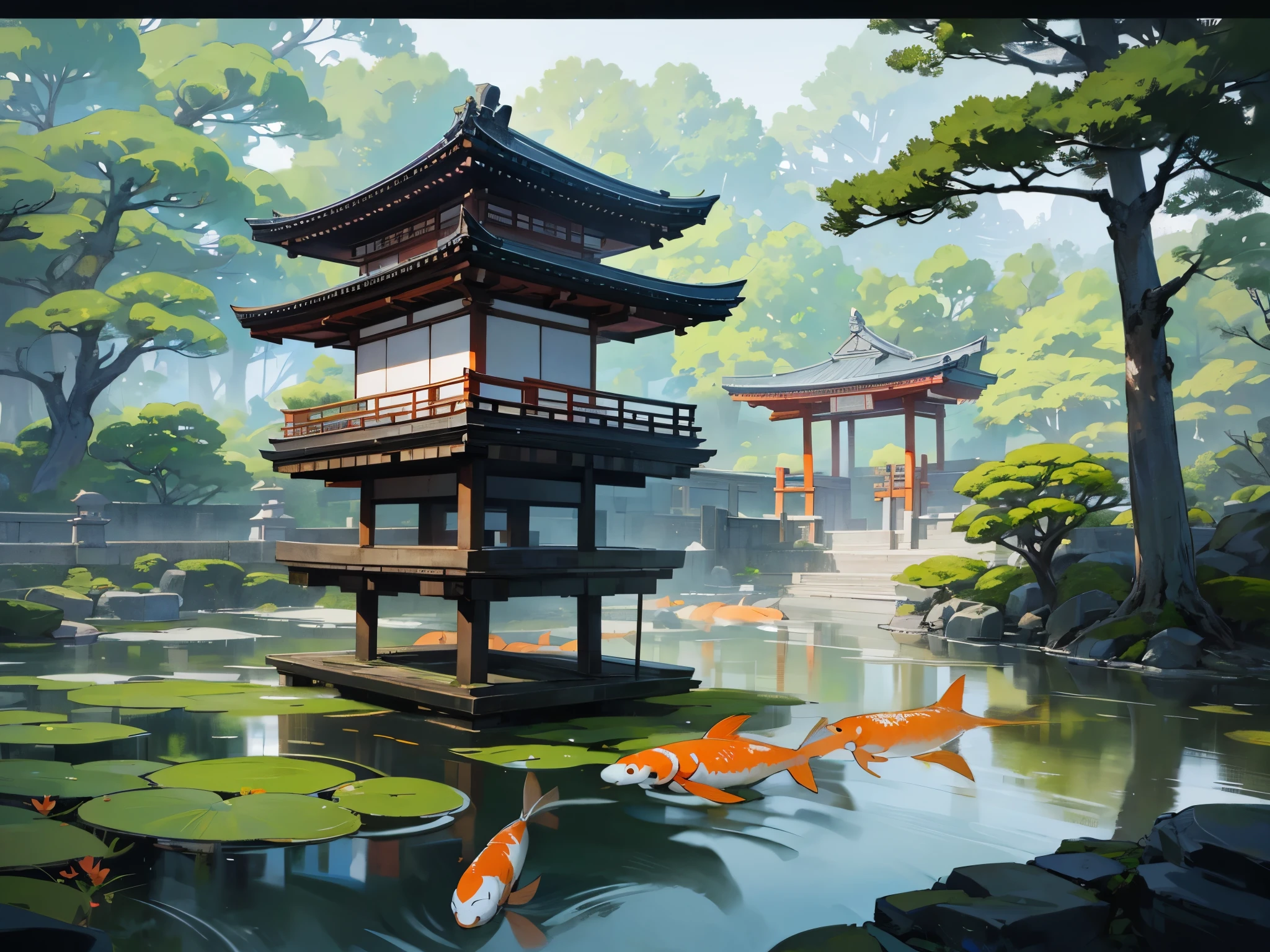 Japanese gardens, like those found in Kyoto, are meticulously designed landscapes featuring elements such as koi ponds, stone lanterns, bridges, and carefully manicured plants. ultra high res, 8K, HD, Masterpiece. No people in art.
