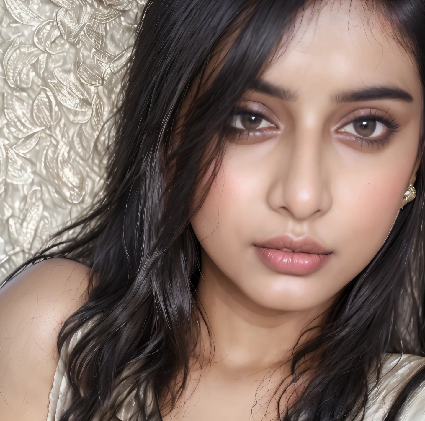 (((desi girl))), chubby face, natural skin, wearing white skirt boobs charming black hair, ((hair ends are black)), bindi on head,1girl, , parted lips, street, hand on own chest, looking at viewer, realistic,upper body,close-up, 8k, RAW photo, best quality, masterpiece,realistic, photo-realistic,