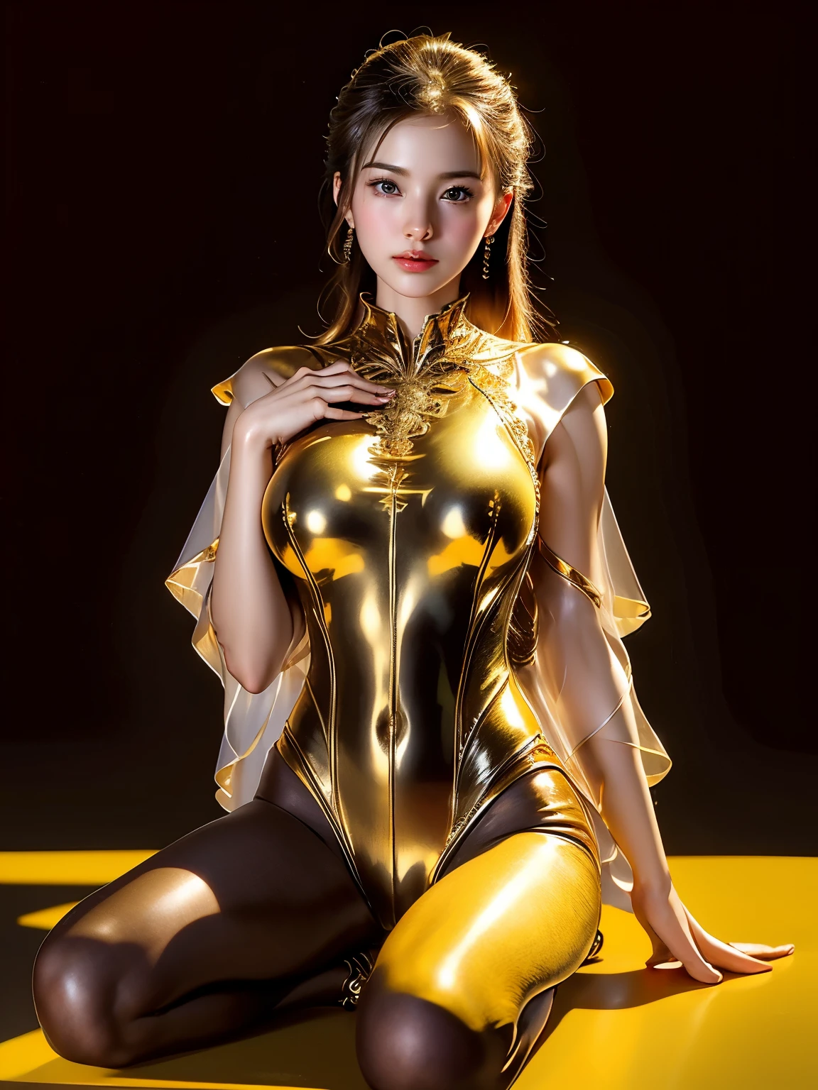 Top quality, masterpiece, super high resolution, (Photorealistic: 1.4), raw photo, 1 girl, NSFW, (accurate anatomy body and hands), female Spider-Man Gwen, golden suit, ballet shoes, pretty facial features, perfect face, (golden ratio body), (flexible body), gentle smile, New York at night, (handsome gestures), heroism, majestic appearance, 8-pack abs, (golden see-through leotard), ( Big breasts, beautiful bust,), (rocket breasts), ((dynamic pose, dynamic angle,)),