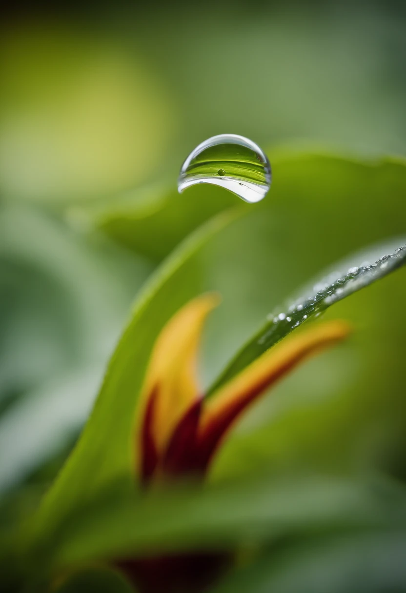 a close-up shot of a single water drop on a leaf or flower petal, showcasing the intricate details and reflections within the droplet