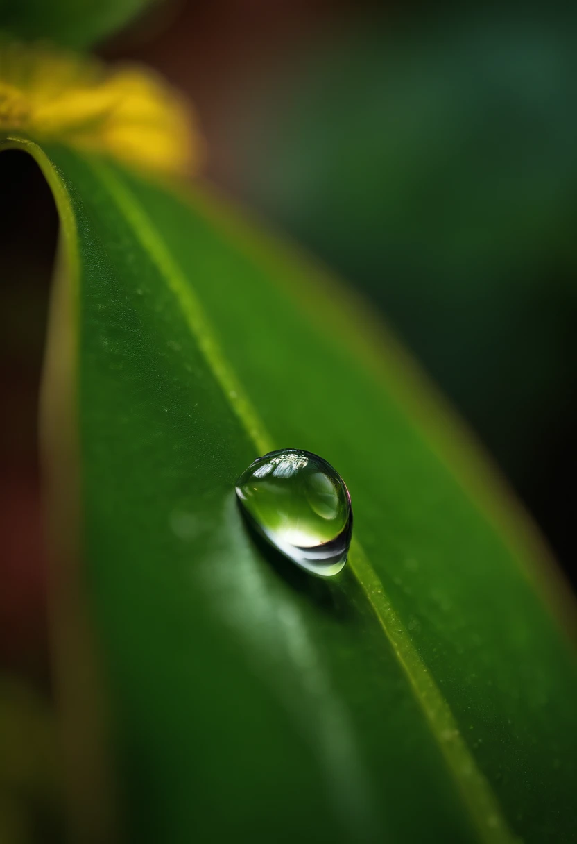 a close-up shot of a single water drop on a leaf or flower petal, showcasing the intricate details and reflections within the droplet