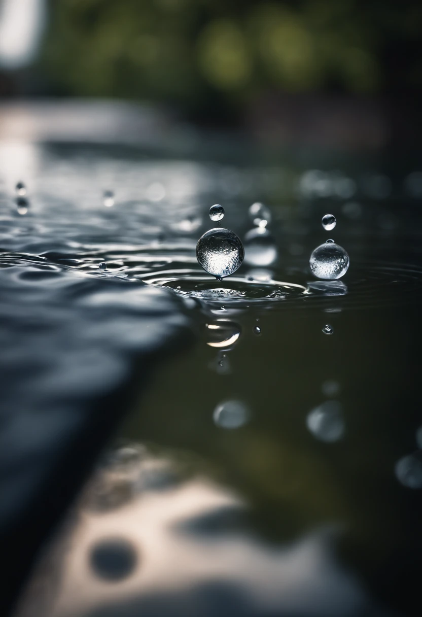 a high-resolution shot of multiple water droplets falling into a pool of water, freezing the moment of impact and capturing the mesmerizing ripples