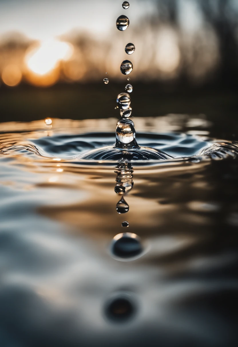 a high-resolution shot of multiple water droplets falling into a pool of water, freezing the moment of impact and capturing the mesmerizing ripples