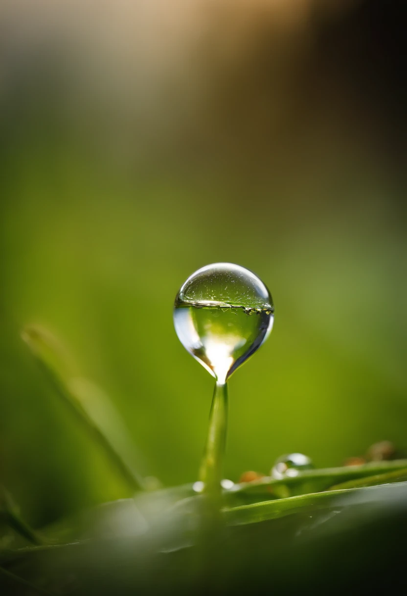 a macro shot of a water droplet on a blade of grass or spiderweb, highlighting the delicate surface tension and the tiny world reflected within.